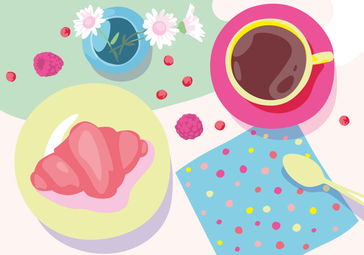 Postcard by Limoncella for Nobis Design featuring an illustration of a coffee cup, croissant, and polka dot napkin on a colorful background