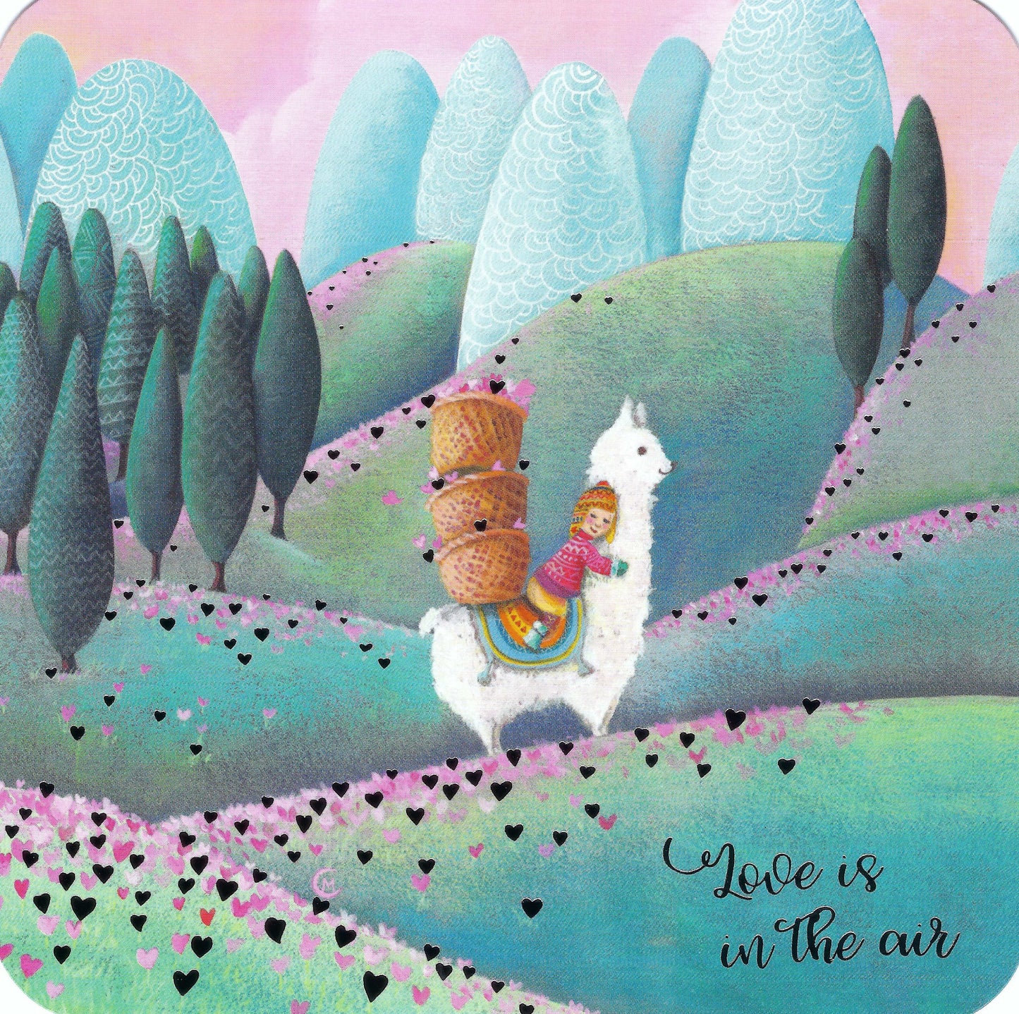 Llama - Love is in the Air Postcard by Marie Cardouat - Correspondances featuring an illustration of a llama carrying a child and wicker baskets filled with hearts on a heart-patterned path, surrounded by trees and mountains.