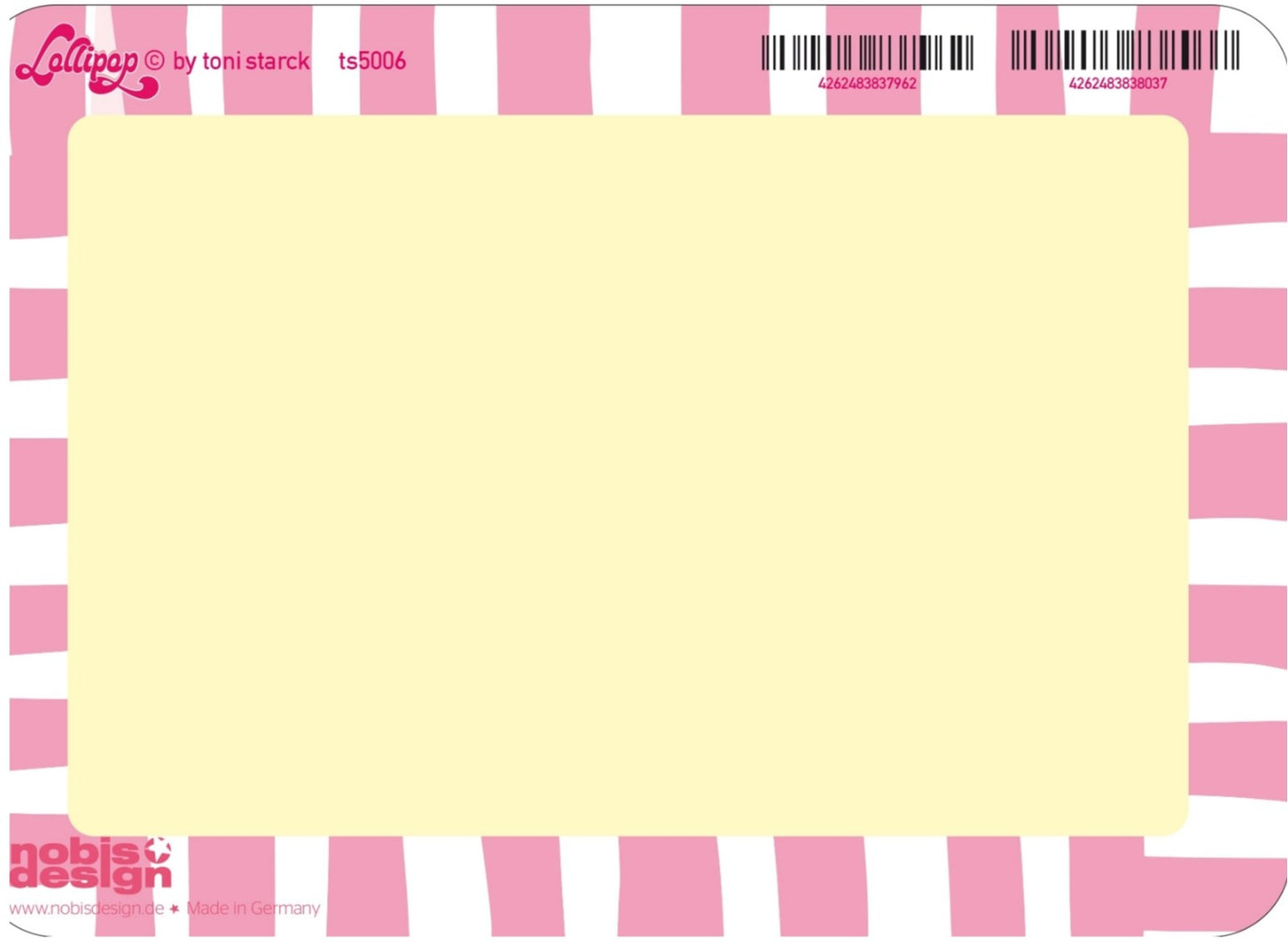Lollipop Lemon Postcard Back by Nobis Design featuring a yellow card with pink and white checkered border featuring Lollipop by Toni Starck branding.
