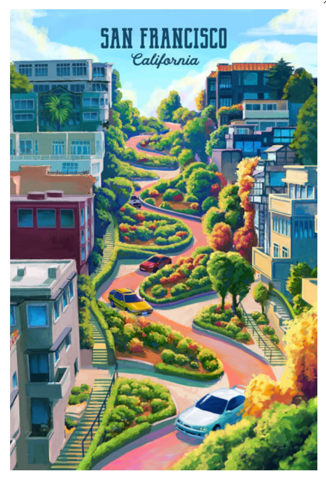 Lombard Street - San Francisco, California Postcard by Lantern Press showing a winding hillside street lined with green trees and landscaped gardens, with apartment buildings on both sides and the text 'SAN FRANCISCO California' at the top.