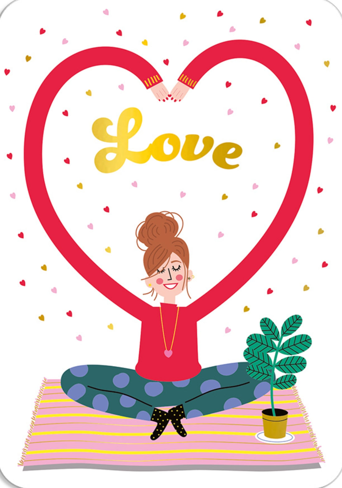 Cartes d'Art Love Postcard featuring a person on the floor with a plant and their armes in a heart with the word Love in the center with gold foil.