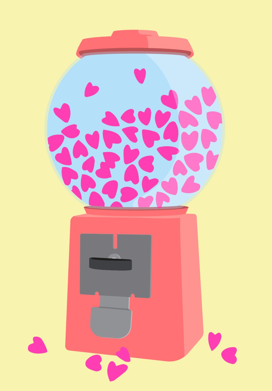 Heart Donor Postcard by Nobis Design featuring a bright neon Gumball machine filled with pink hearts on a yellow background