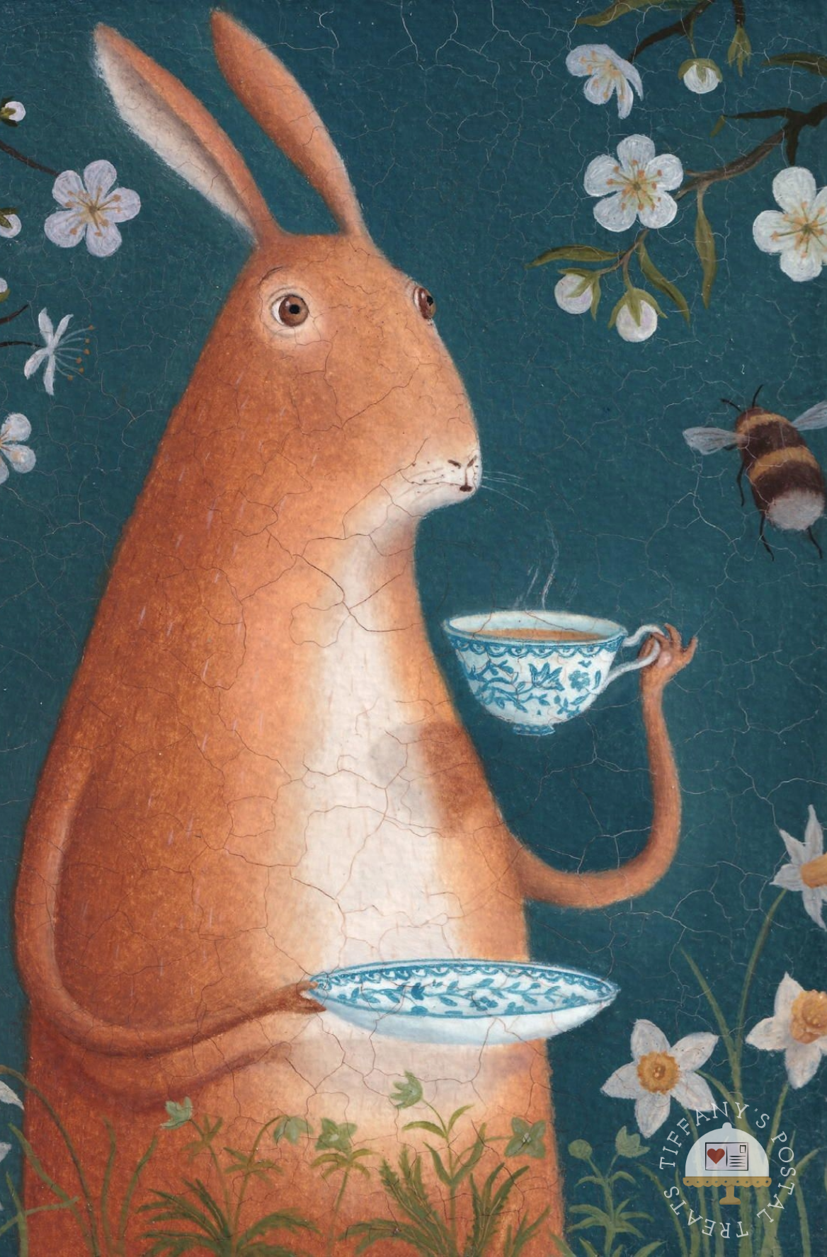 March Hare Postcard by Inkognito showing a tall brown rabbit holding a blue-and-white teacup and saucer against a dark teal background with flowers, a bee, and visible crackle texture.