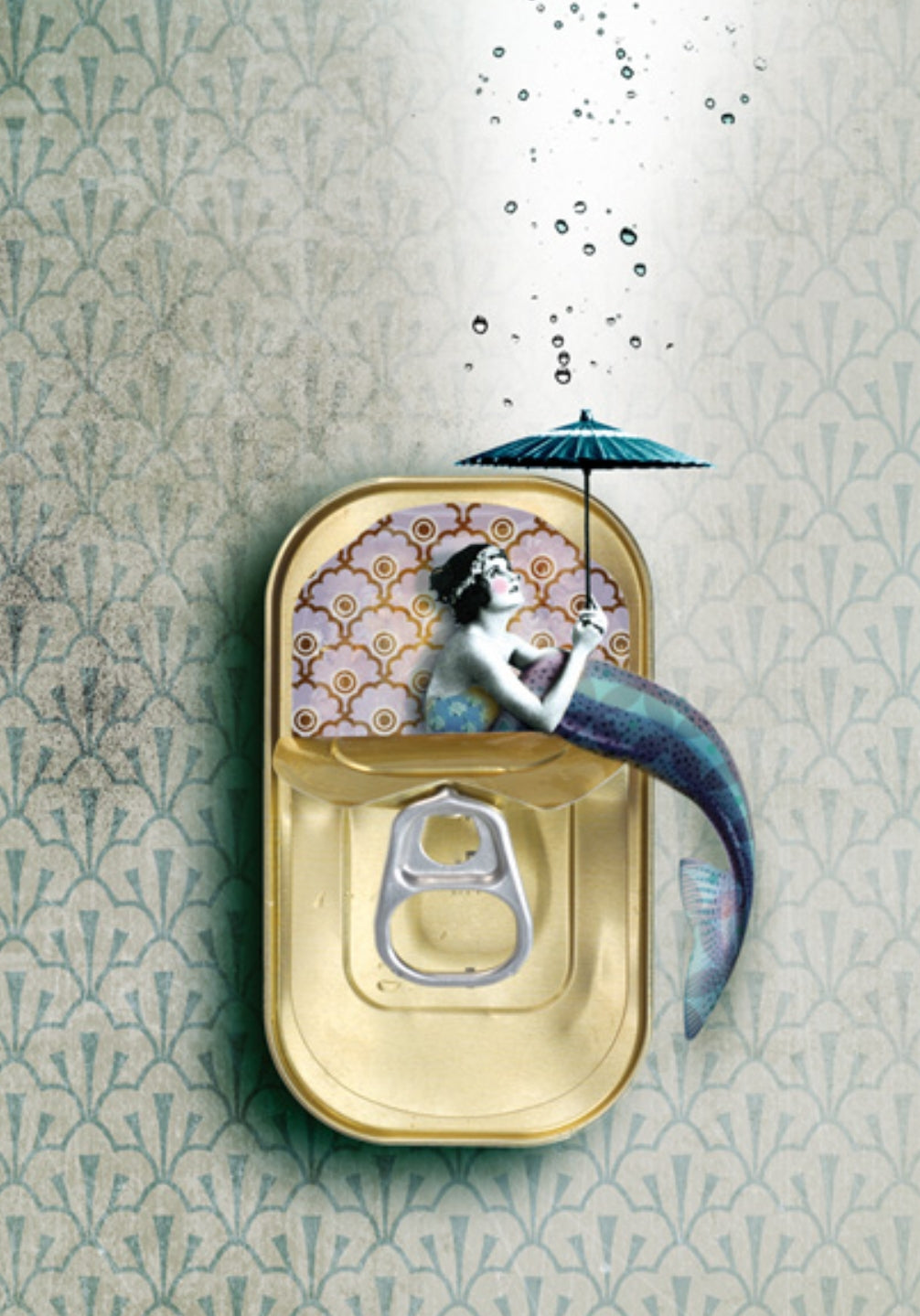 Mermaid Postcard by La Tack for Nobis Design featuring a mermaid holding an umbrella sitting in a sardine can on a decorative background