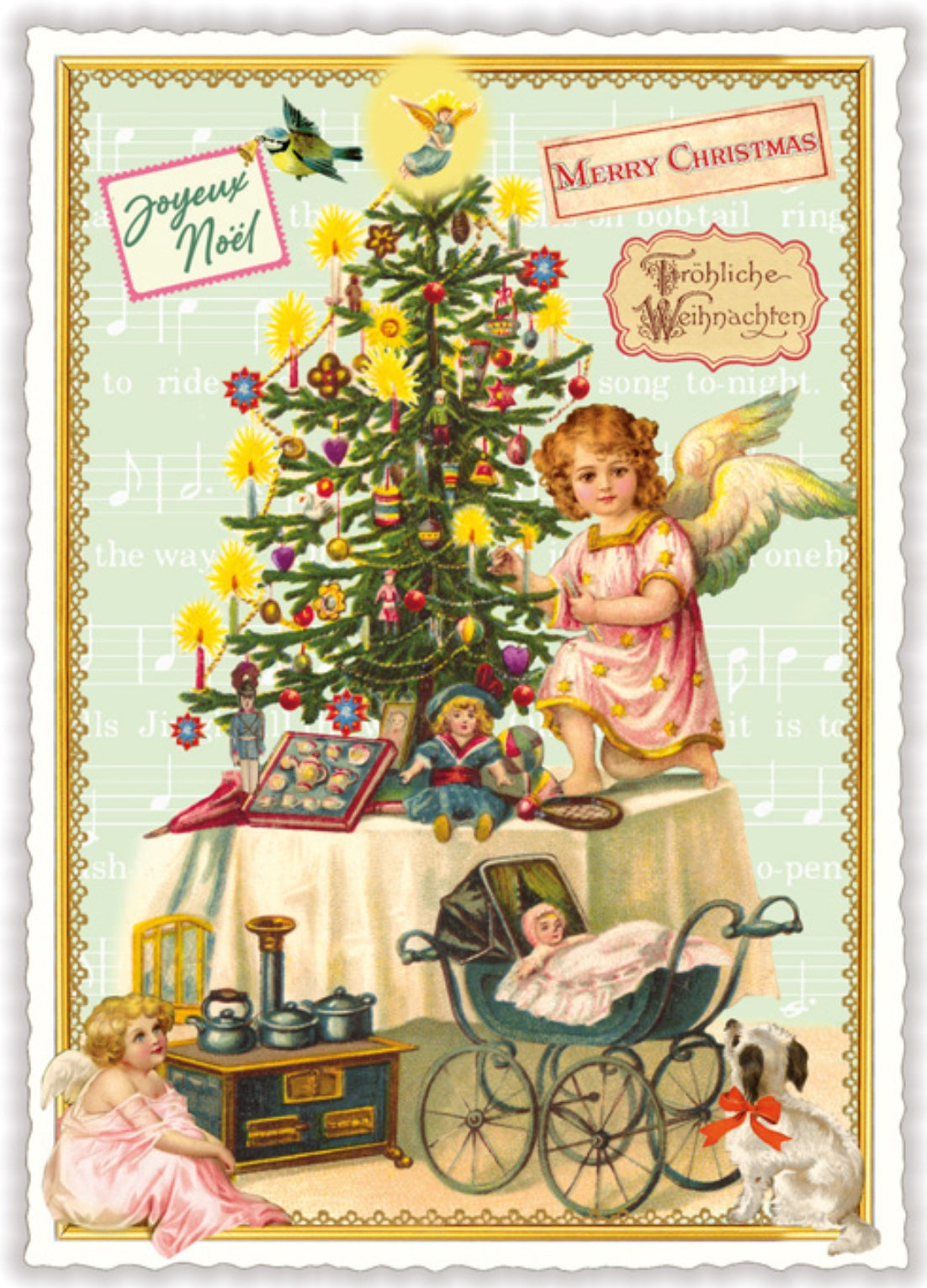 Edition Tausendschön Christmas postcard with children, tree, and toys on a decorative border.