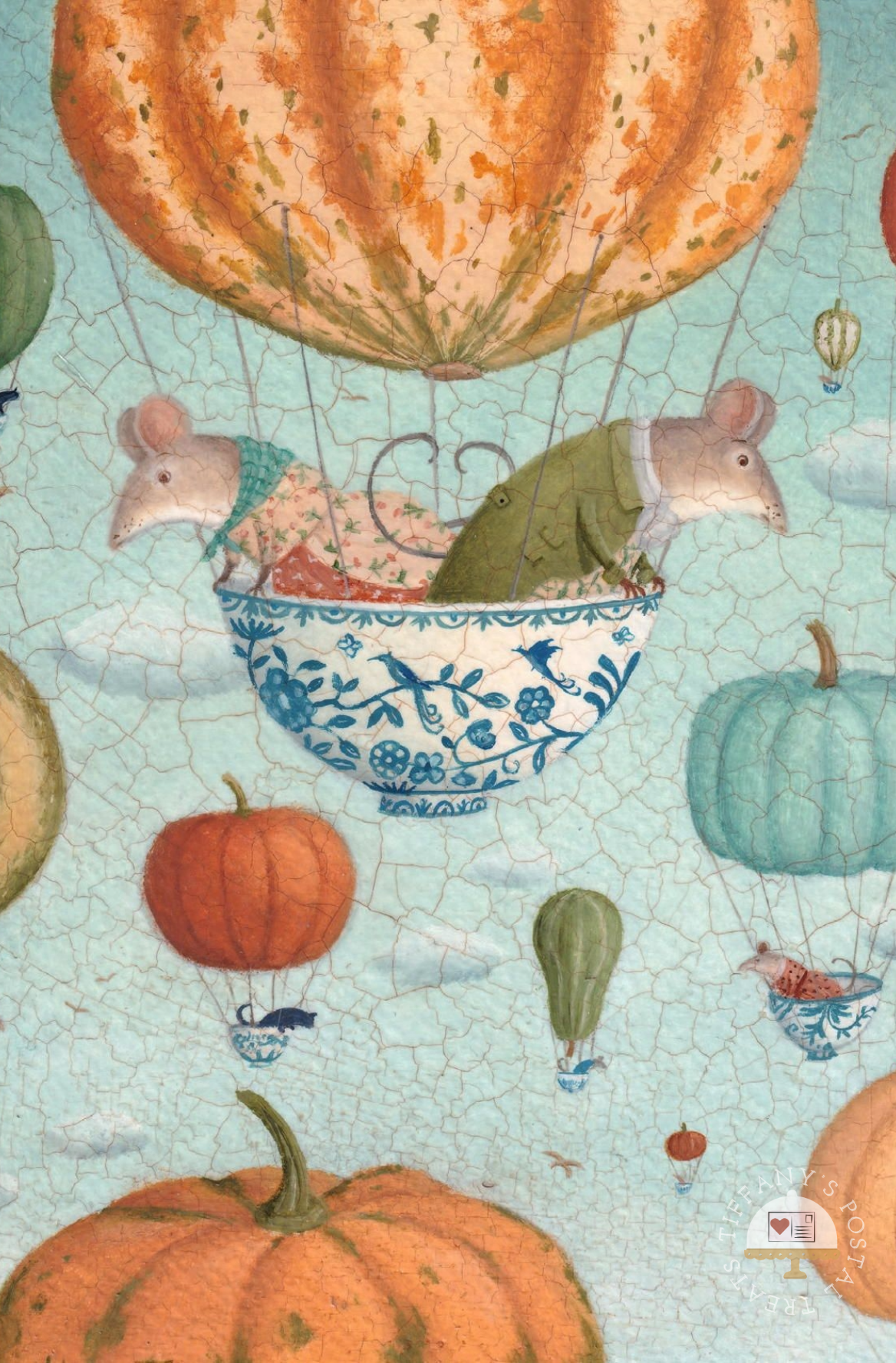 Montgolfier Mice Postcard by Inkognito featuring illustrated pumpkins, hot air balloons, and small mice in teacups against a pale blue cracked-paper background.