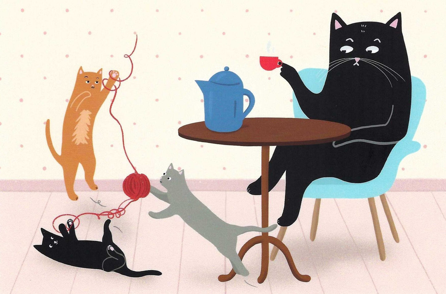 Mürri Watches the Kittens Postcard by Das Brooklyn featuring a large black cat sitting in a light blue chair holding ac offee cup, while watching three kittens play.
