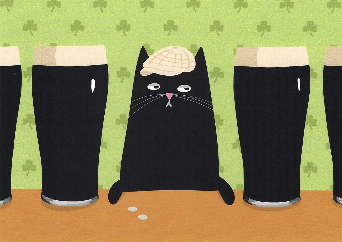 Mürri in Ireland Cat Postcard by Das Brooklyn featuring an illustration of a black cat with a hat between four dark beers on a green background with shamrock pattern.