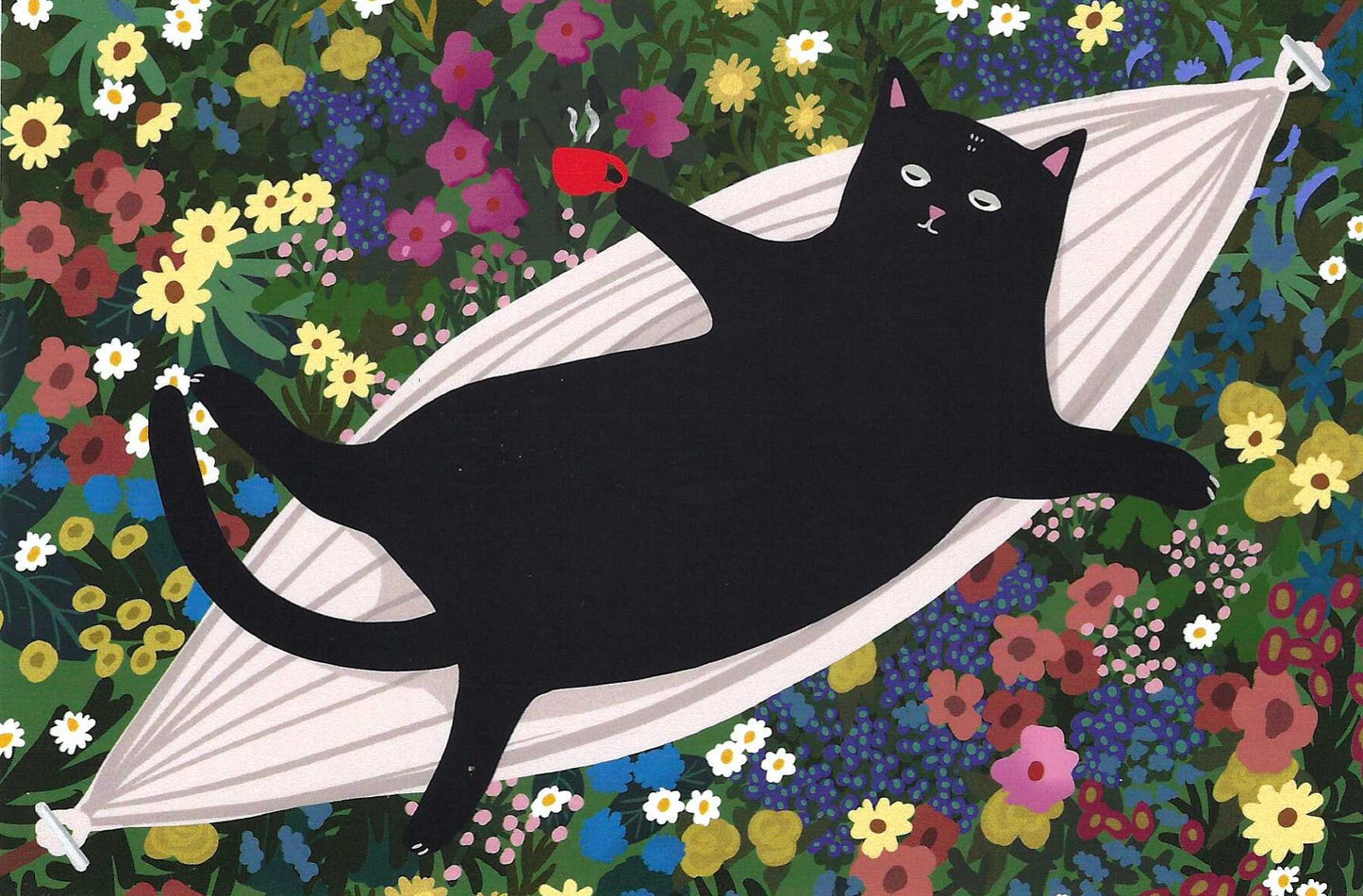 Mürri in the Summer Hammock Postcard by Das Brooklyn featuring an illustration of a black cat lying stretched out on a white hammock, holding a cup of coffee and surrounded by multicolored flowers.
