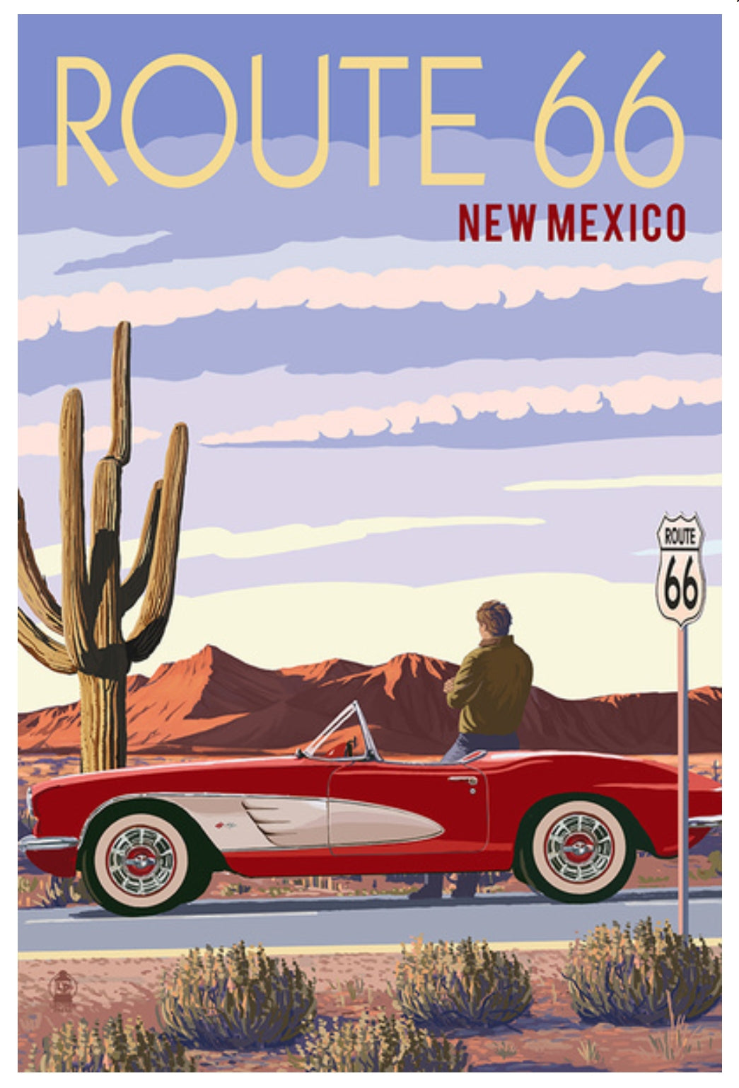 New Mexico Route 66 postcard by Lantern Press β classic car and red rock desert landscape in vintage travel art style
