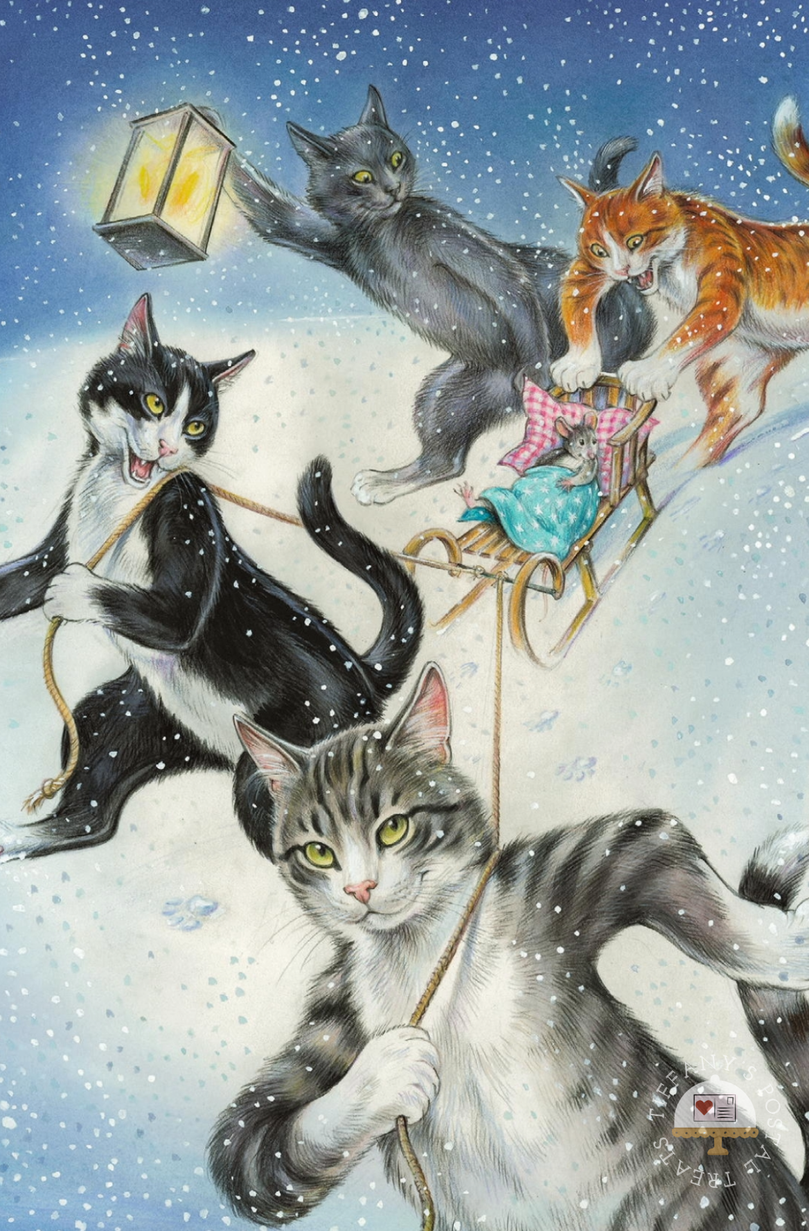 Out into the Winter Postcard by Inkognito featuring a festive winter illustration showing several cats in a snowy night scene. One black-and-white cat pulls a sled with a small mouse inside, while other cats surround it, including a gray cat holding a glowing lantern and a tabby cat in the foreground.
