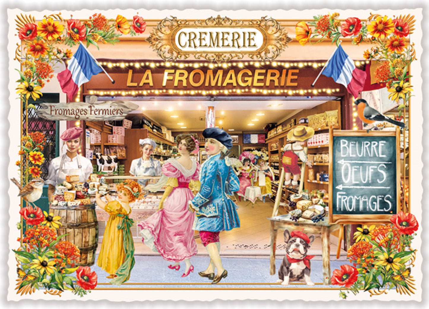 Paris France Cremerie Fromagerie Postcard by Edition Tausendschön featuring a French cheese shop with people and flowers