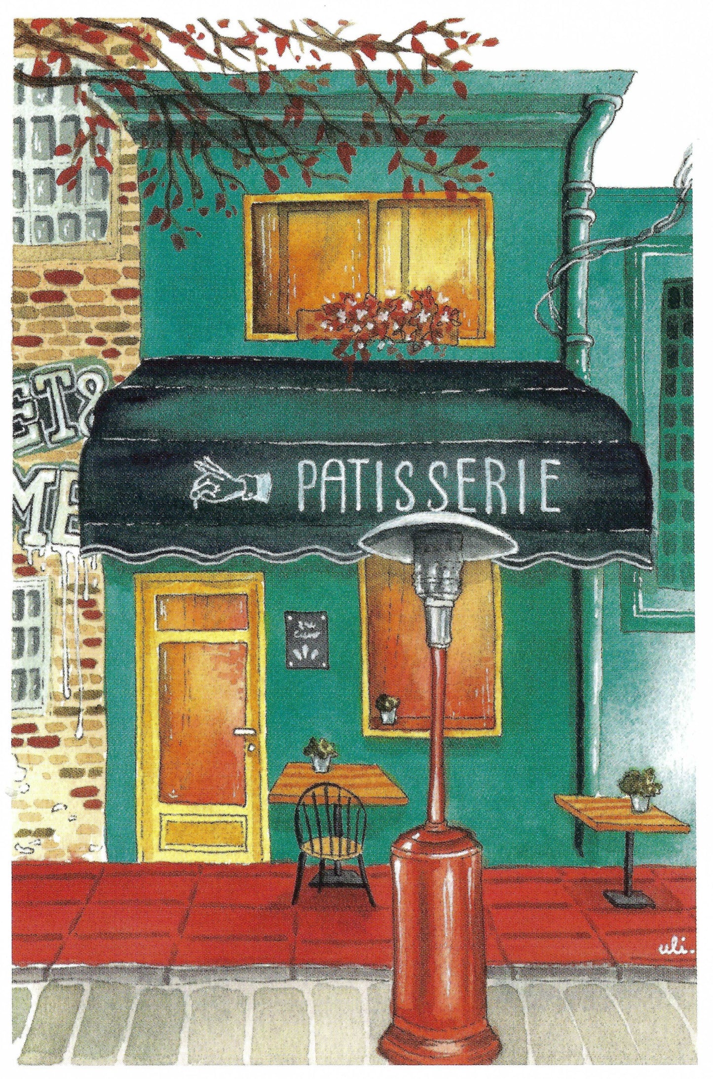 Illustrated postcard depicting a patisserie with a green exterior, yellow door, and a green awning with the word 'Patisserie' printed on it.