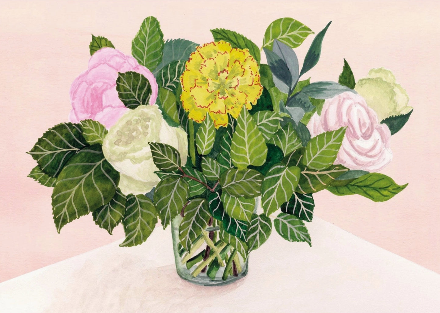 Pretty Flowers Postcard by Melanie Voituriez featuring a bouquet of flowers in a glass vase on a light pink background