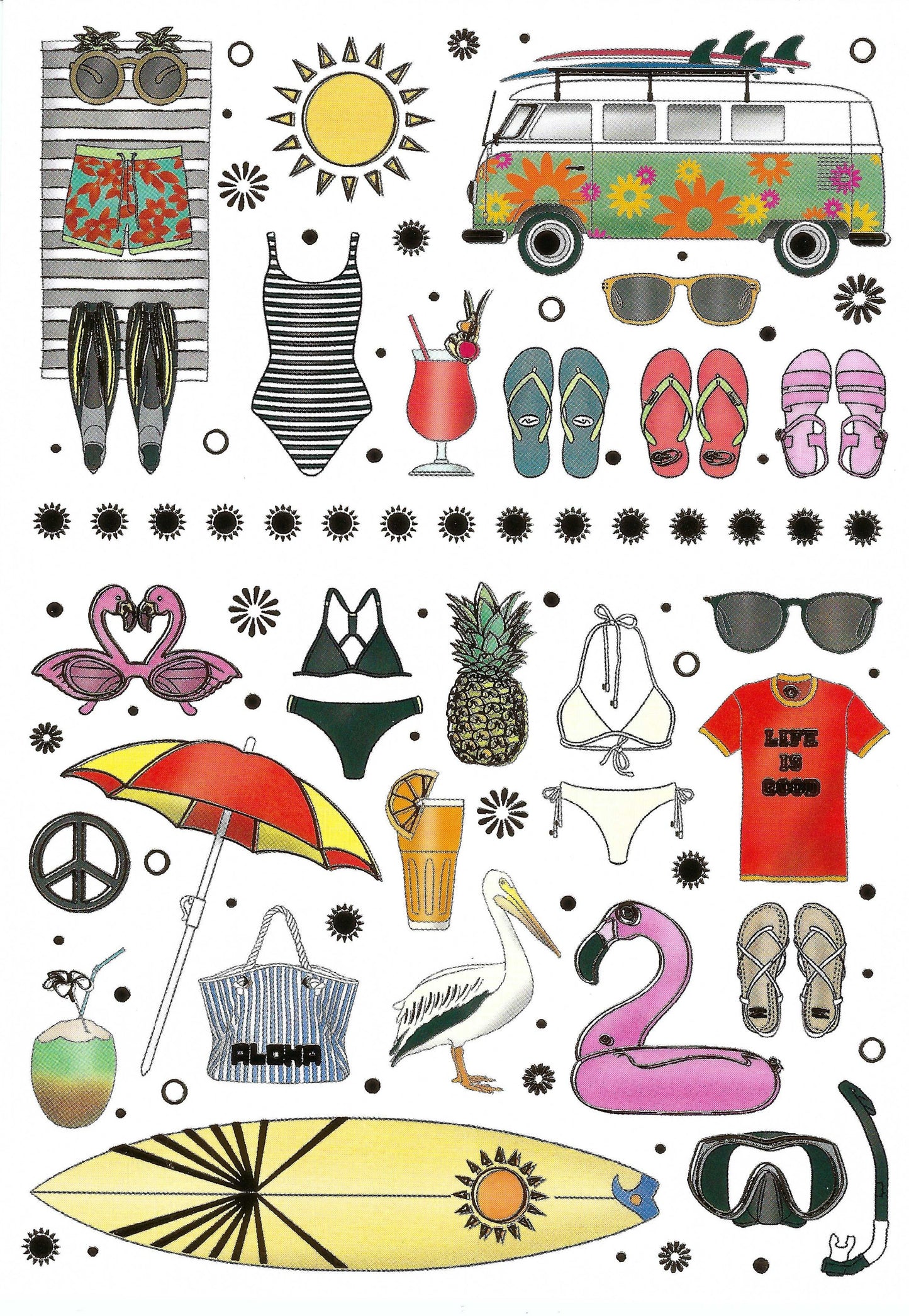 Quire - Summer - Summer Fun - Beach - Flip Flops - Surfboard - Sunglasses - Camper Van - Postcard with foil details