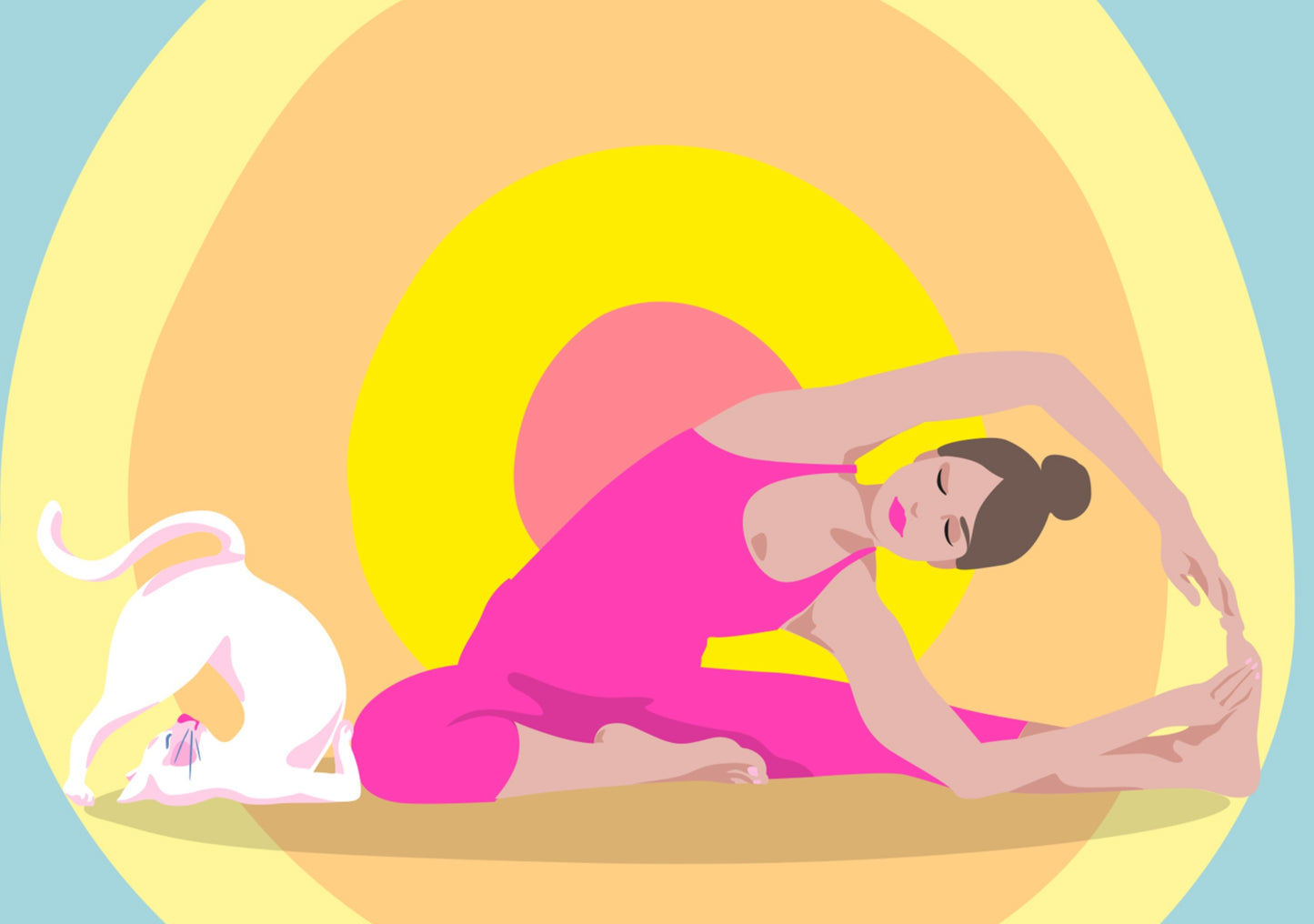 Rainbow Yoga Cat Postcard by Nobis Design featuring an illustration of a woman doing yoga with a cat on a bright background