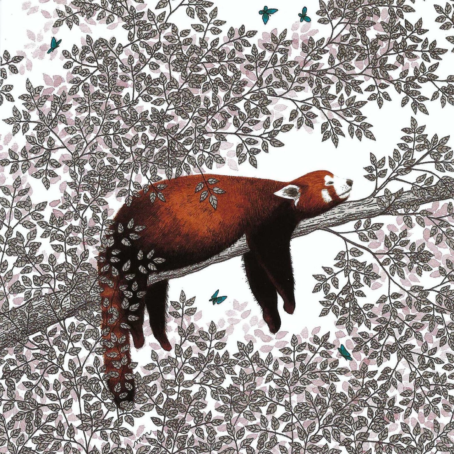 Red Panda Postcard by Editions Titi Pinson featuring a red panda on a branch with a floral background and butterflies