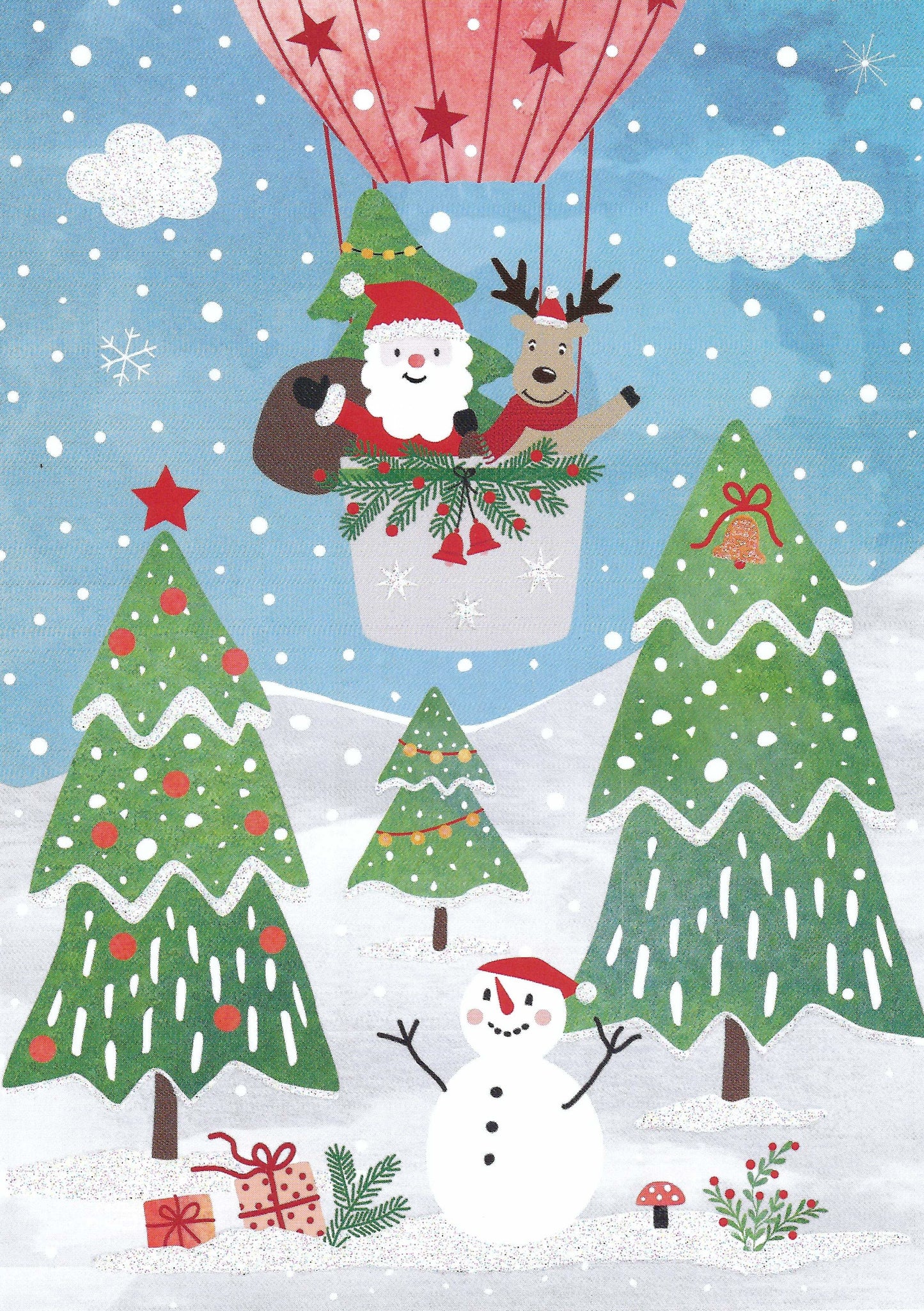 Santa Claus in Hot Air Balloon Postcard by Katrin Lorenz - Edition Gollong with glitter details