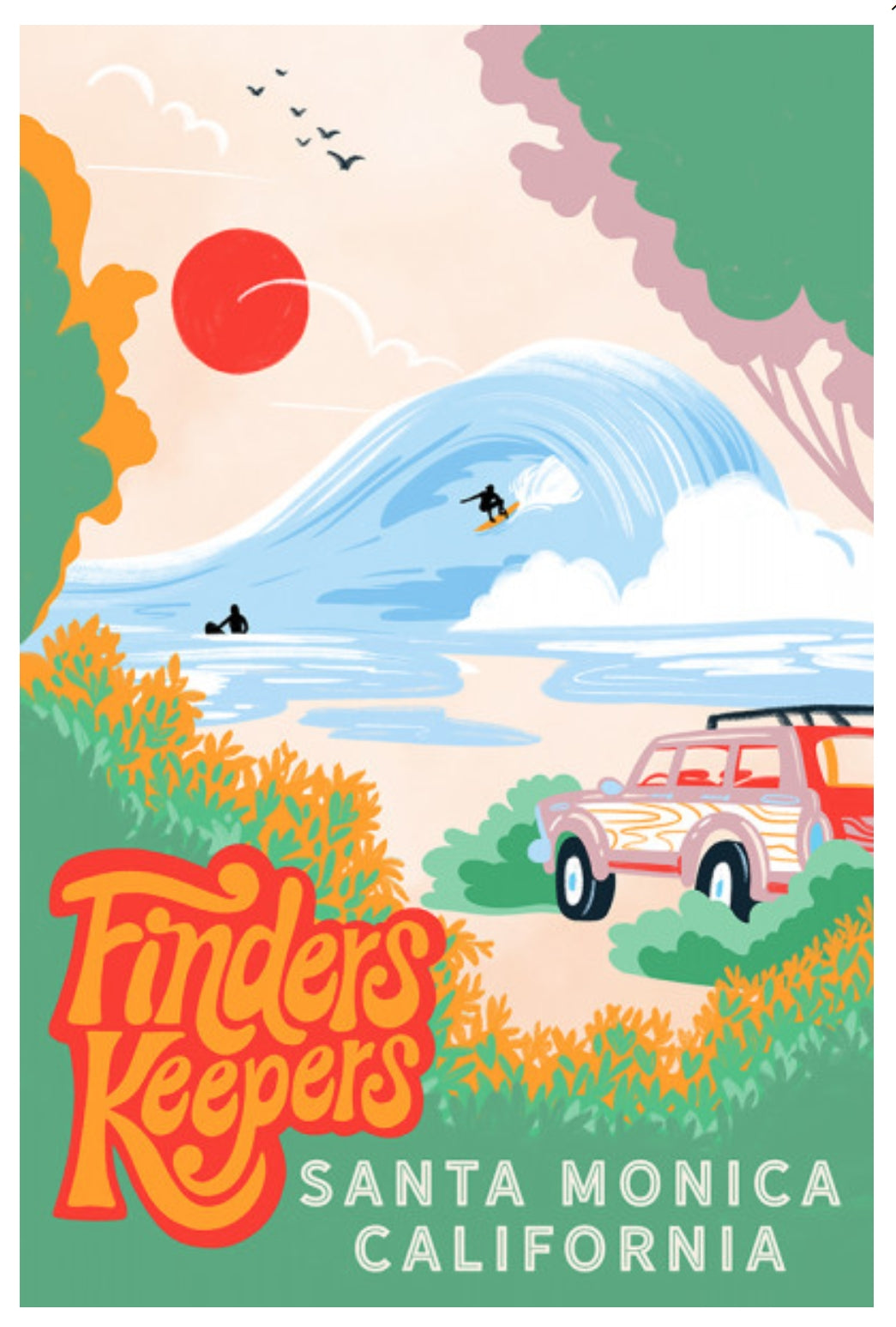 Santa Monica California postcard by Lantern Press β beach scene with surfboards, waves, and positive vibes in colorful travel art style.