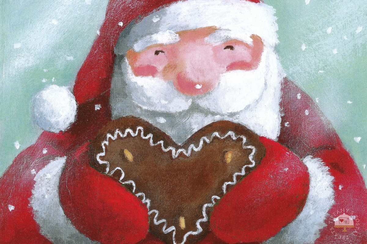 Santa with Gingerbread Postcard by Inkognito featuring Santa Claus in a red suit and hat, holding a large heart-shaped gingerbread cookie with white icing against a snowy mint-green background.