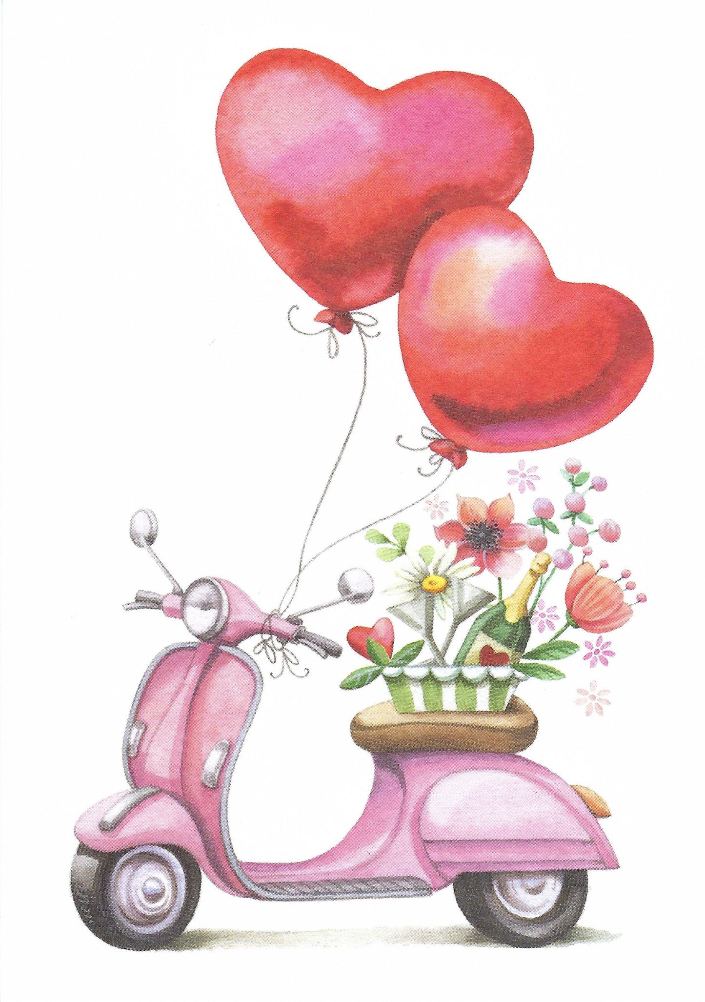 Scooter with Balloons Postcard by Nina Chen - Edition Gollong featuring a pink scooter with heart-shaped balloons, flowers and champagne on a white background