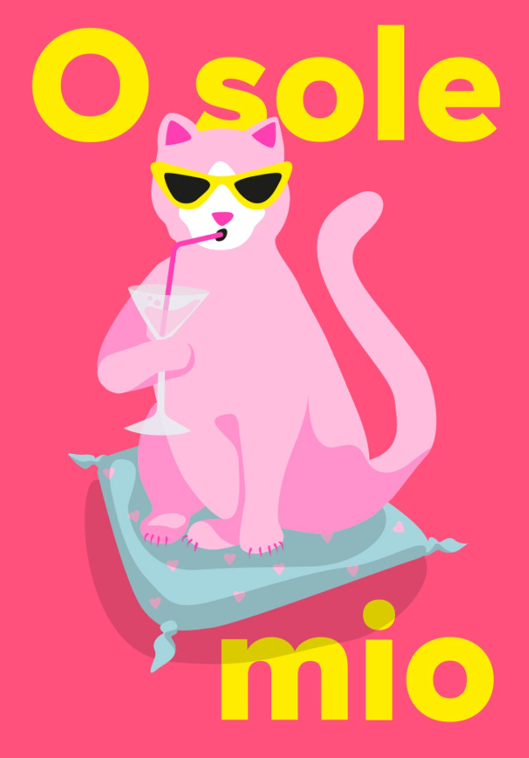 O Sole Mio Cat Postcard by Nobis Design featuring a colorful graphic illustration of a pink cat wearing yellow sunglasses and holding a martini glass, sitting on a light blue cushion against a bright pink background with the yellow text 'O sole mio'.