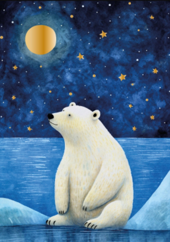 PANKA - Polar Bear - Gold Foil Moon and Stars - Postcard