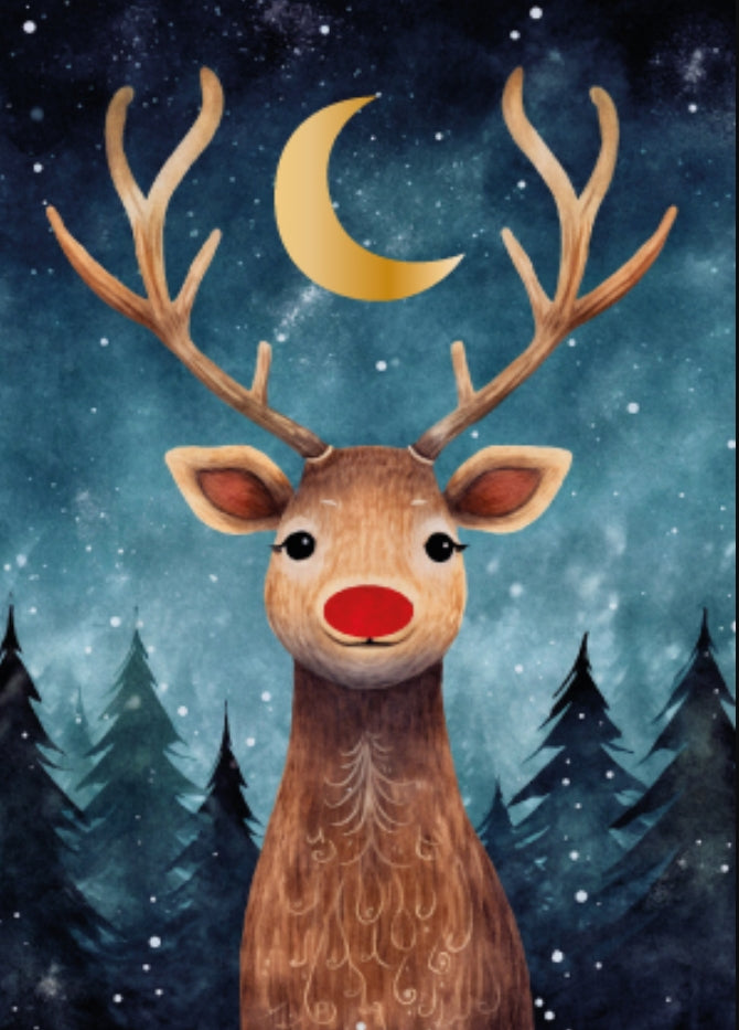 Reindeer Postcard with Gold Foil Moon - Winter - Holiday - Postcard by PANKA