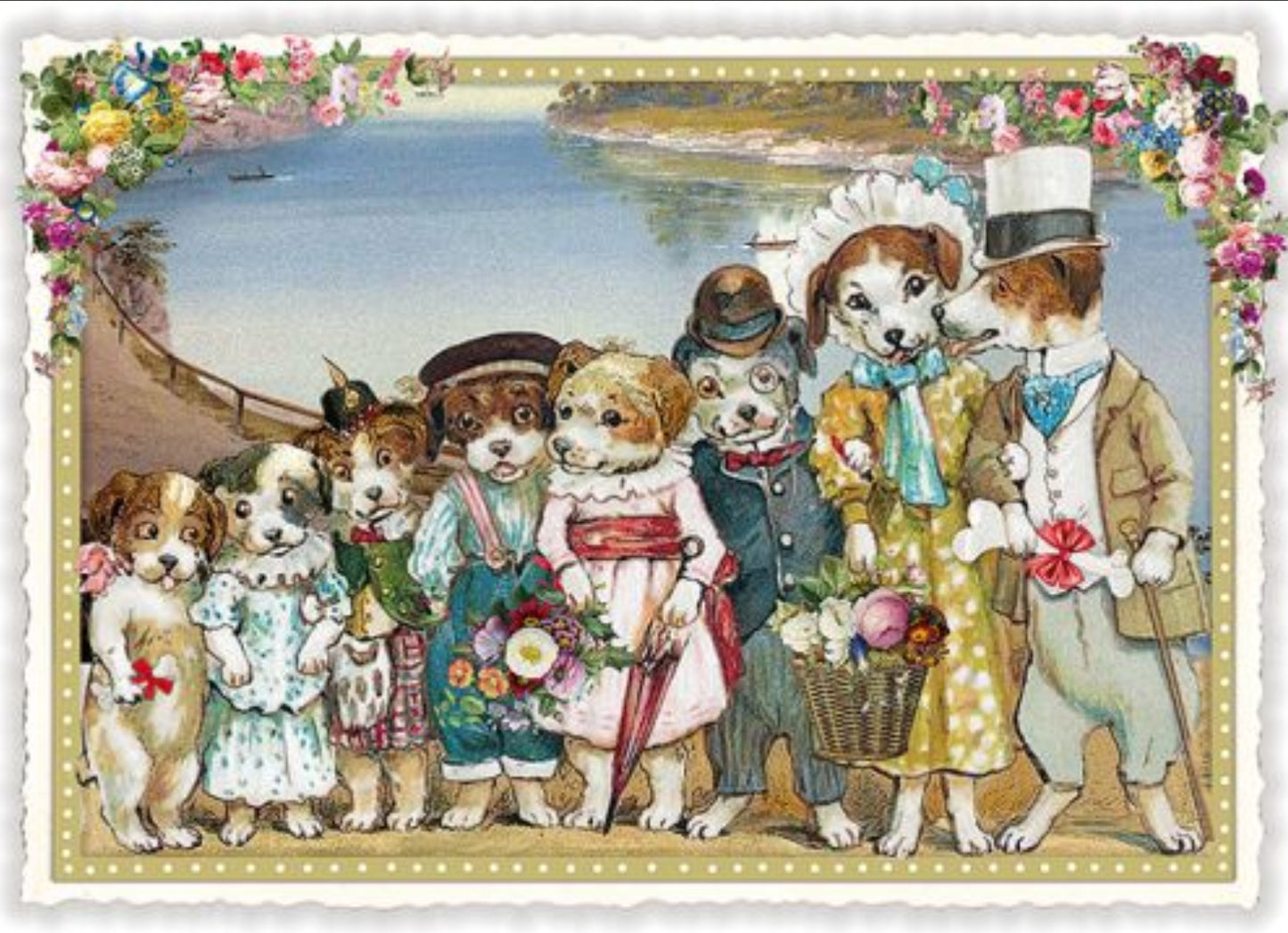 Edition Tausendschön Dog Postcard featuring an Illustration of dogs in formal attire by a lake with decorative border