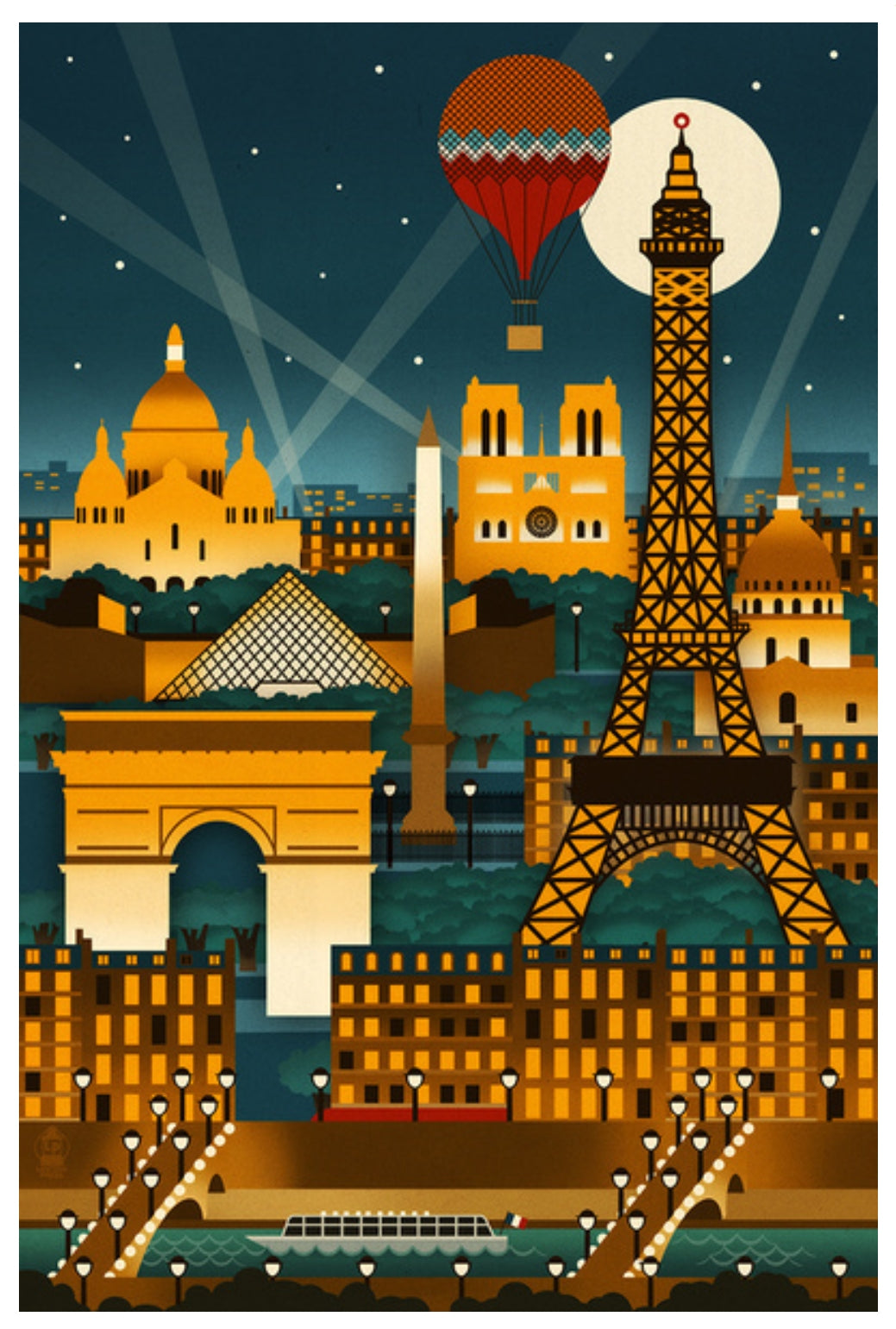 Lantern Press Postcad of Paris landmarks including the Eiffel Tower and Notre Dame Cathedral under a night sky.
