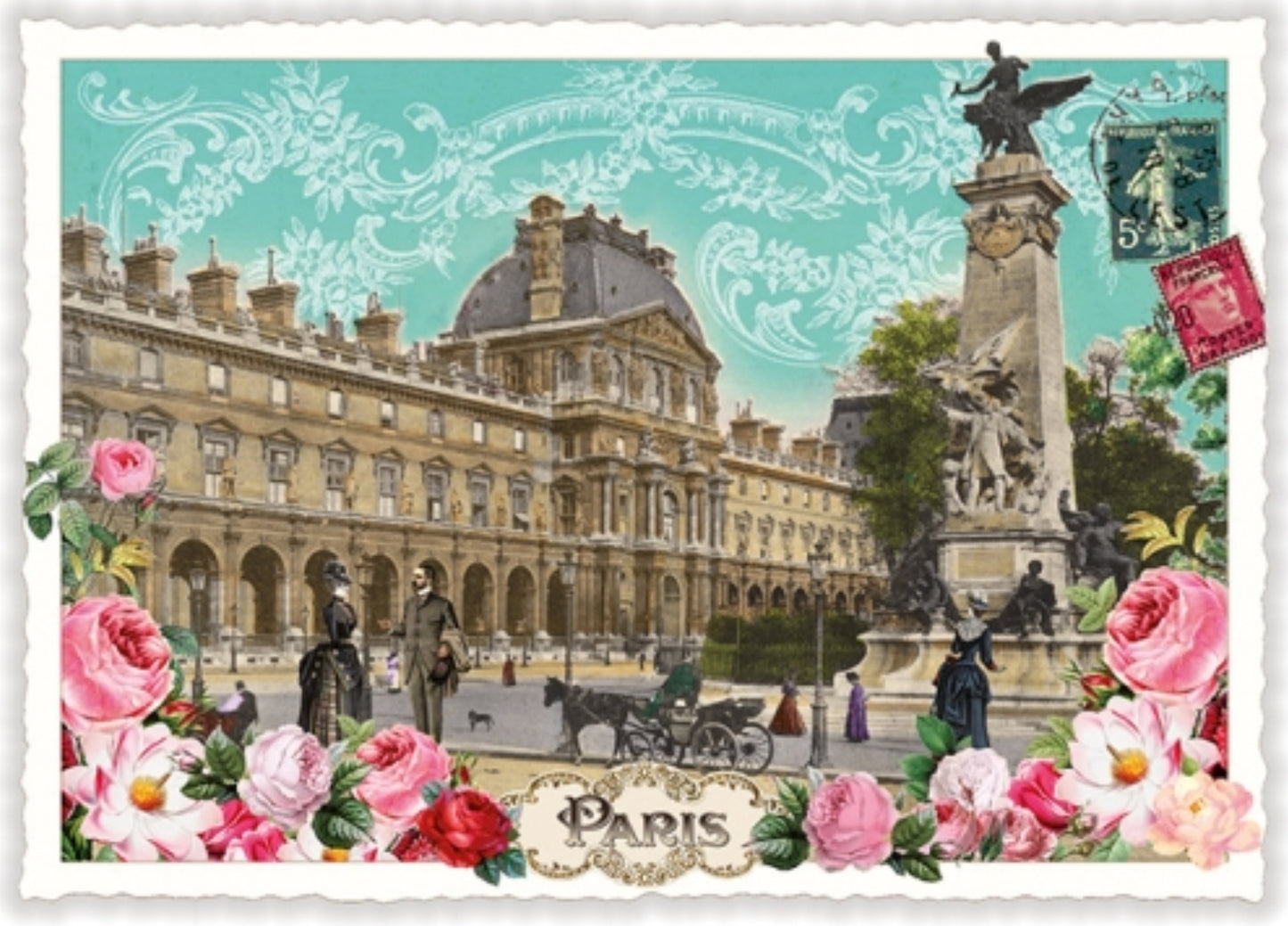 Edition Tausendschön Postcard of the Louvre in Paris with flowers and architectural elements.