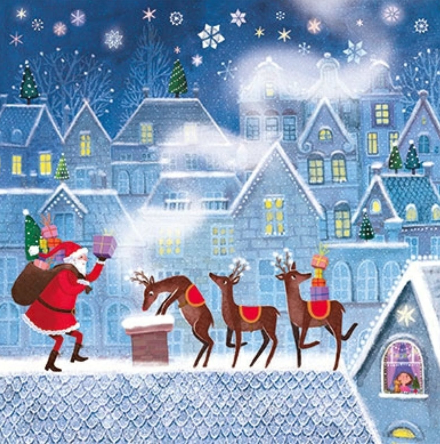 St. Nicholas with Reindeer Postcard by Mila Marquis - Edition Gollong featuring an illustration of Santa Claus with reindeer on a rooftop with a snowy village scene.