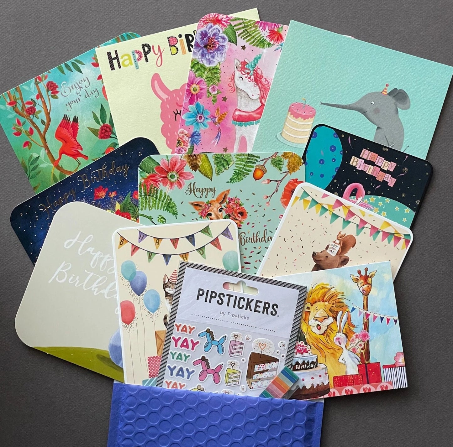 Happy Birthday - Party Animals - Postcard Pack - Contains a Mix of Premium Birthday Postcards, Birthday Stickers and Washi Tape