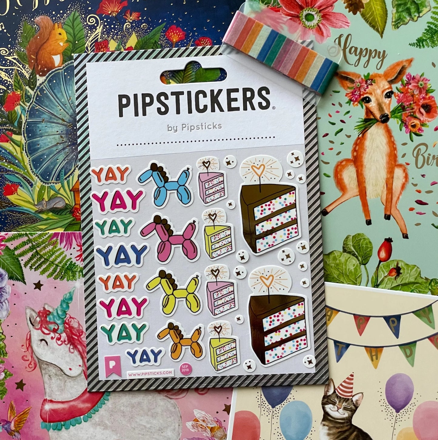 Happy Birthday - Party Animals - Postcard Pack - Contains a Mix of Premium Birthday Postcards, Birthday Stickers and Washi Tape