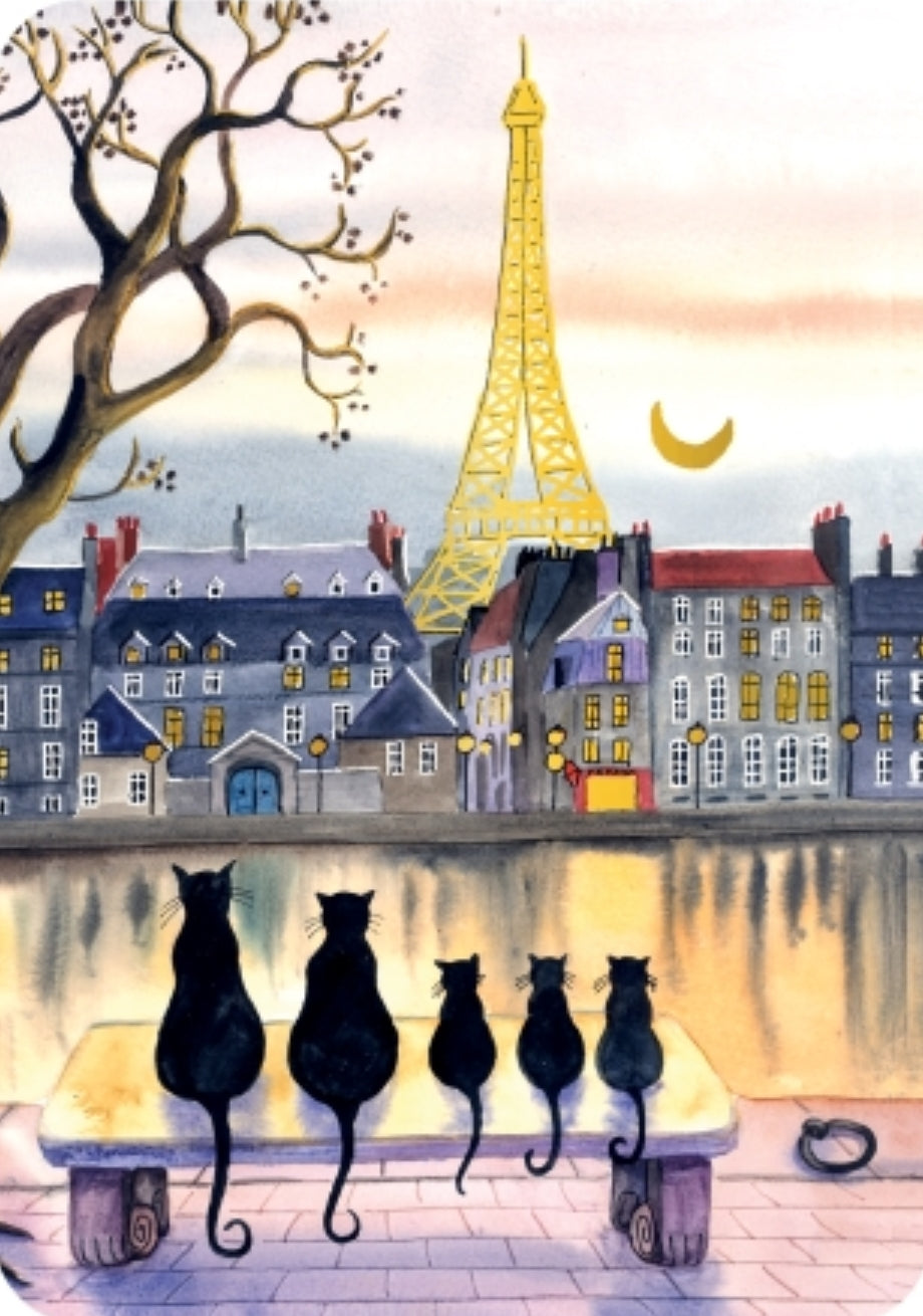 Paris Evening by the Seine Cats Postcard by Cartes d'Art with gold foil details