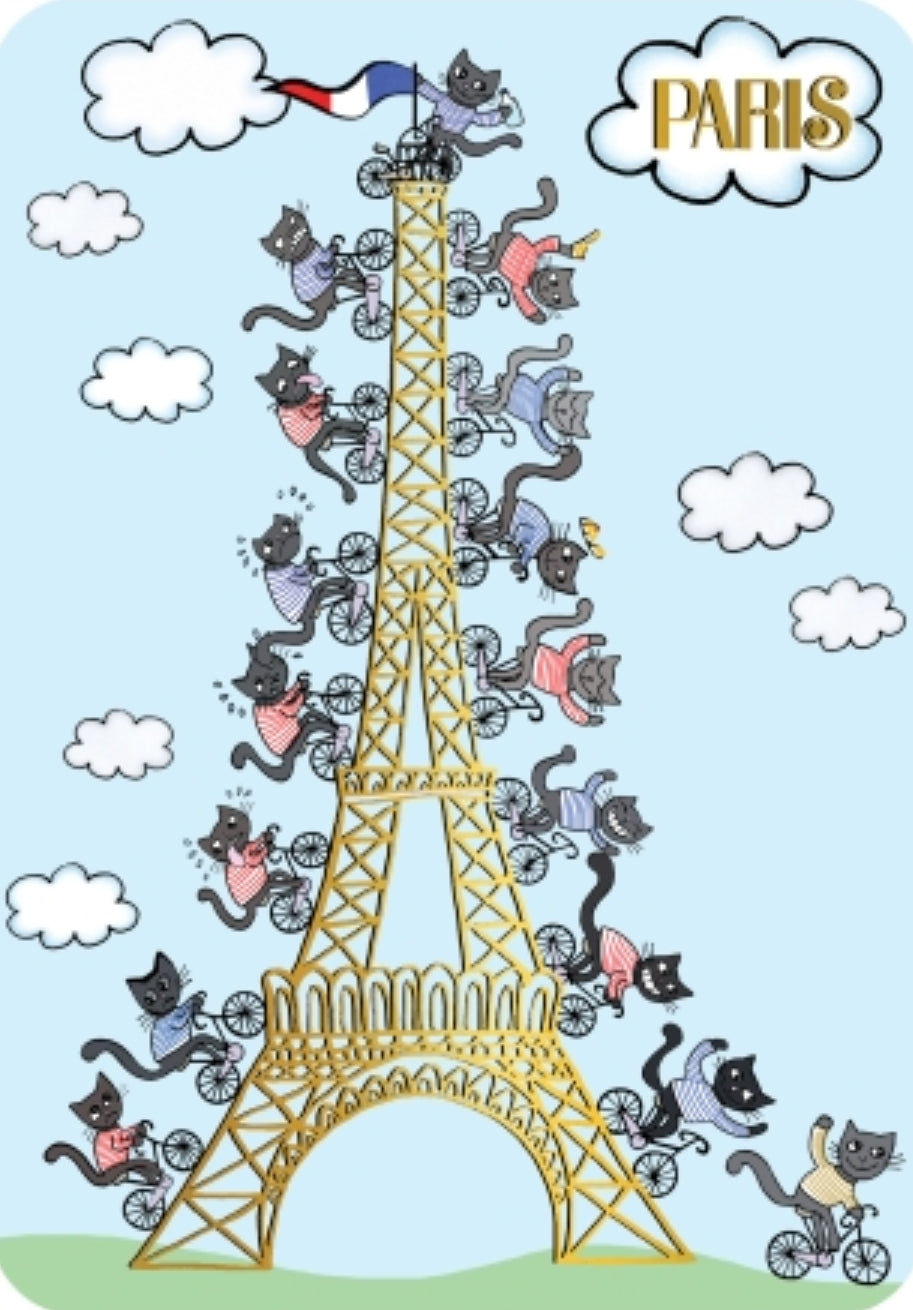 Cats Bicycling on the Eiffel Tower Postcard by Cartes d'Art with foil details