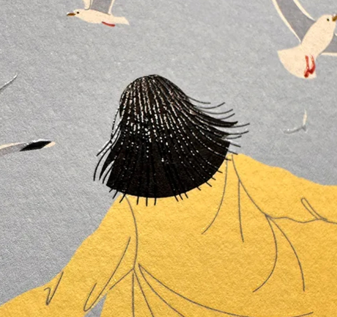 Woman on the Beach with Seagulls Postcard with varnish details