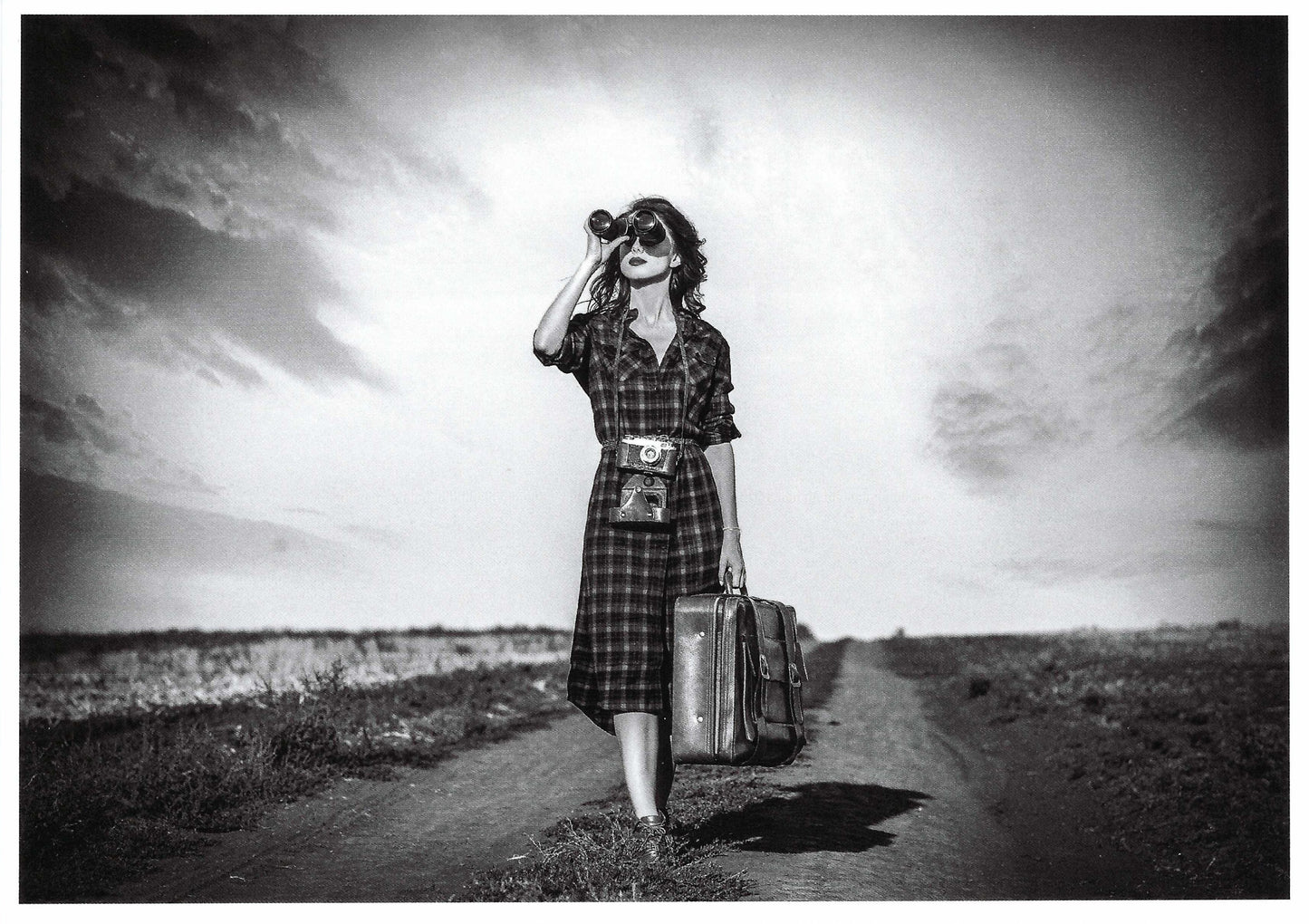Skowronski & Koch - Beautiful View - Woman - Binoculars - Black and White - B&W Photo - Postcard