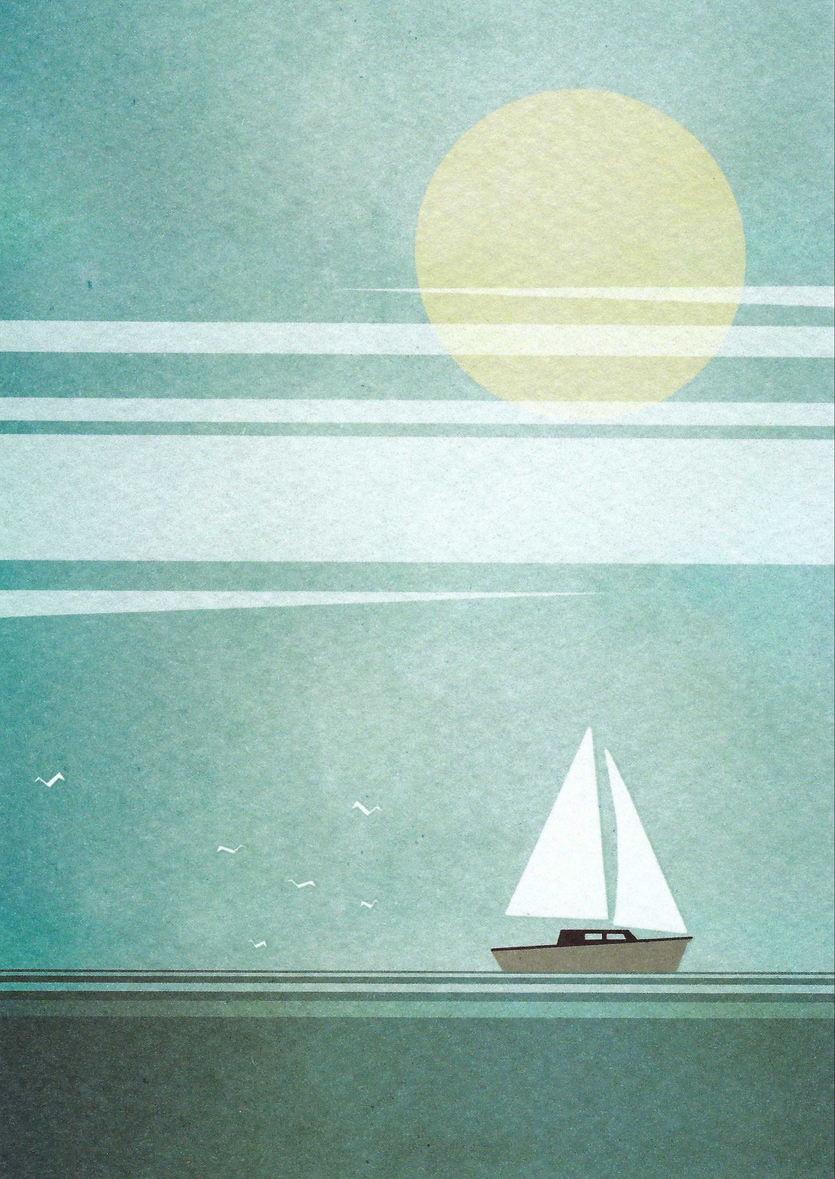 Sailboat Postcard by Skowronski and Koch featuring an illustration of a sailboat on the ocean with a large sun above and seagulls in the sky.