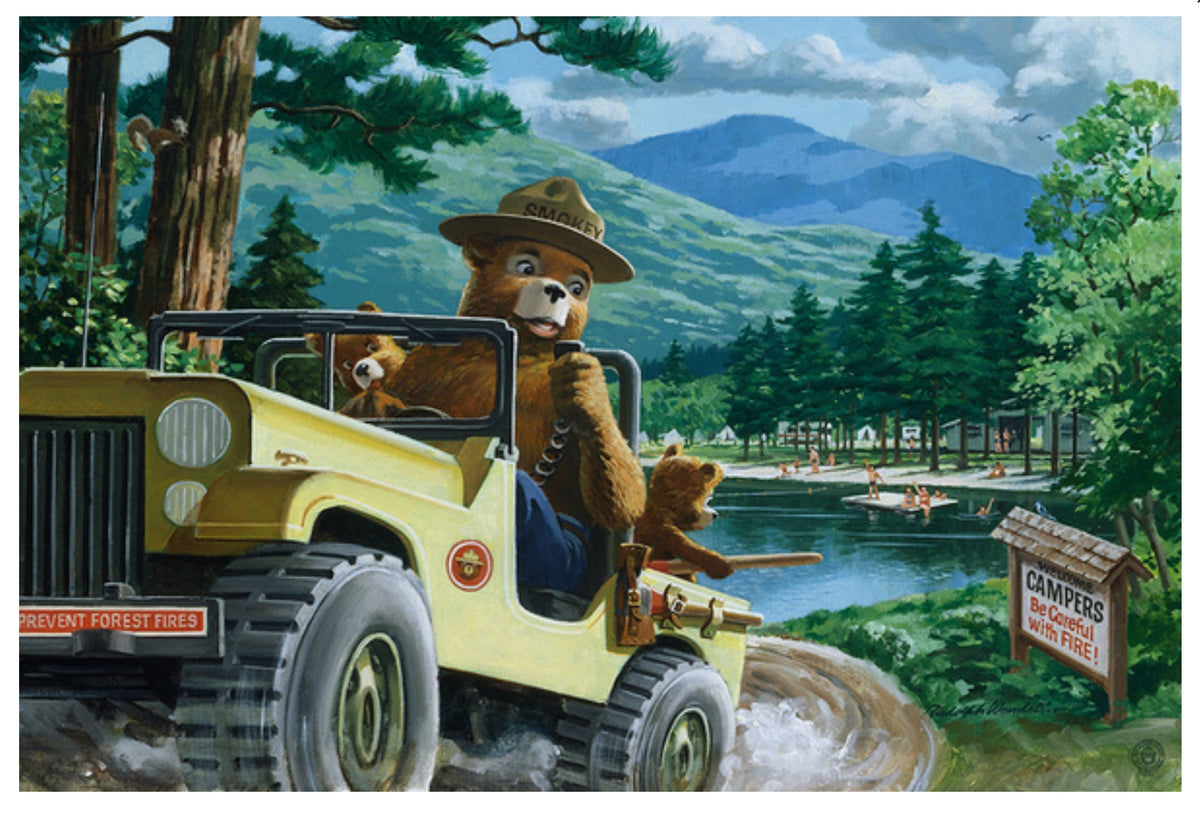 Smokey Bear - Leaving in SUV Postcard by Lantern Press