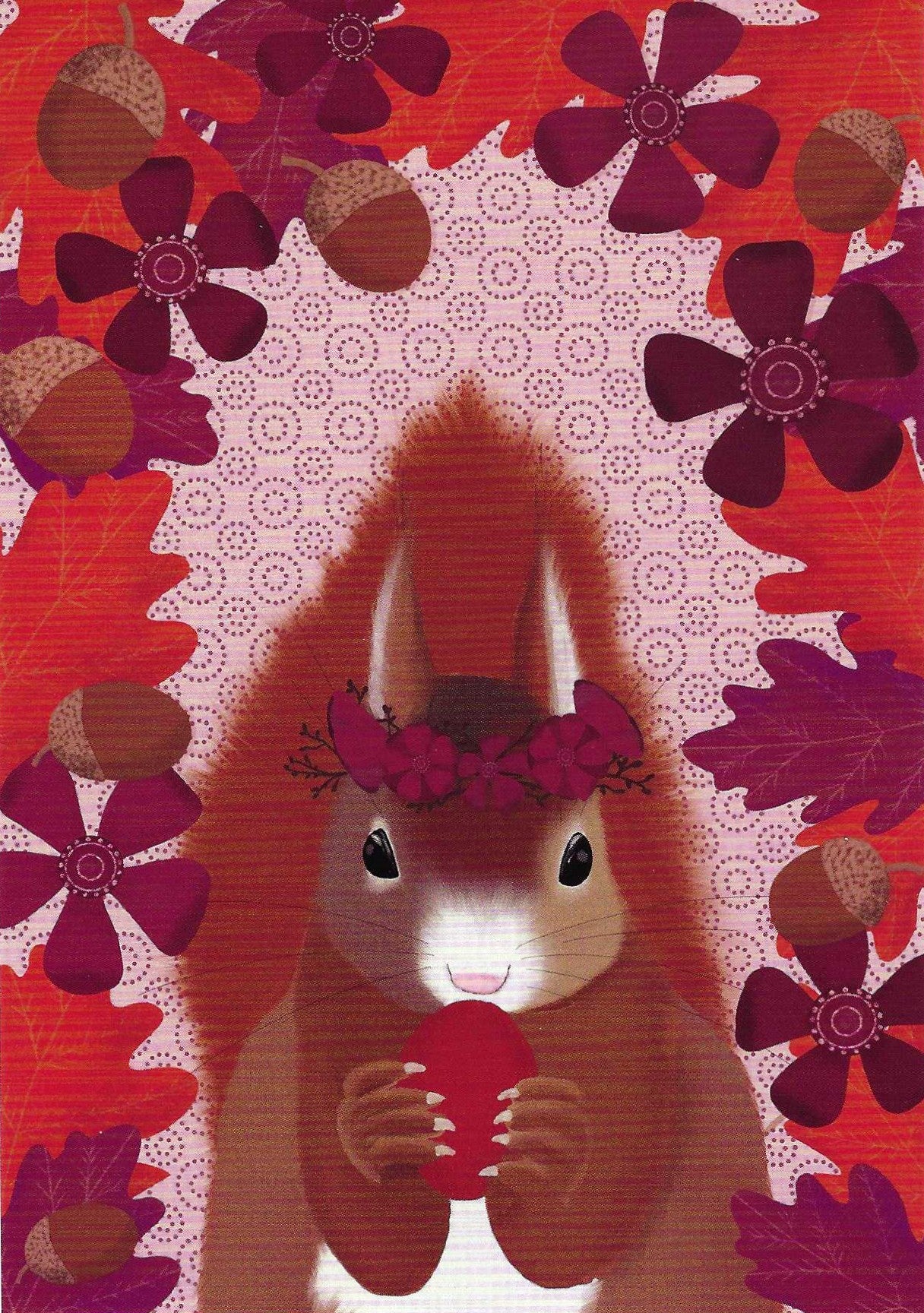 Squirrel Postcard by Nobis Design featuring an illustration of a squirrel holding an acorn surrounded by flowers and acorns on a red background