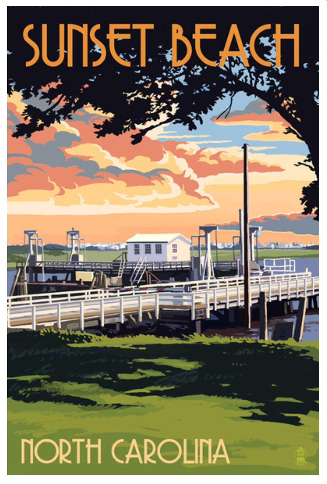 Sunset Beach postcard by Lantern Press β swinging bridge in Calabash, North Carolina at golden hour, painterly coastal scene ideal for Postcrossing