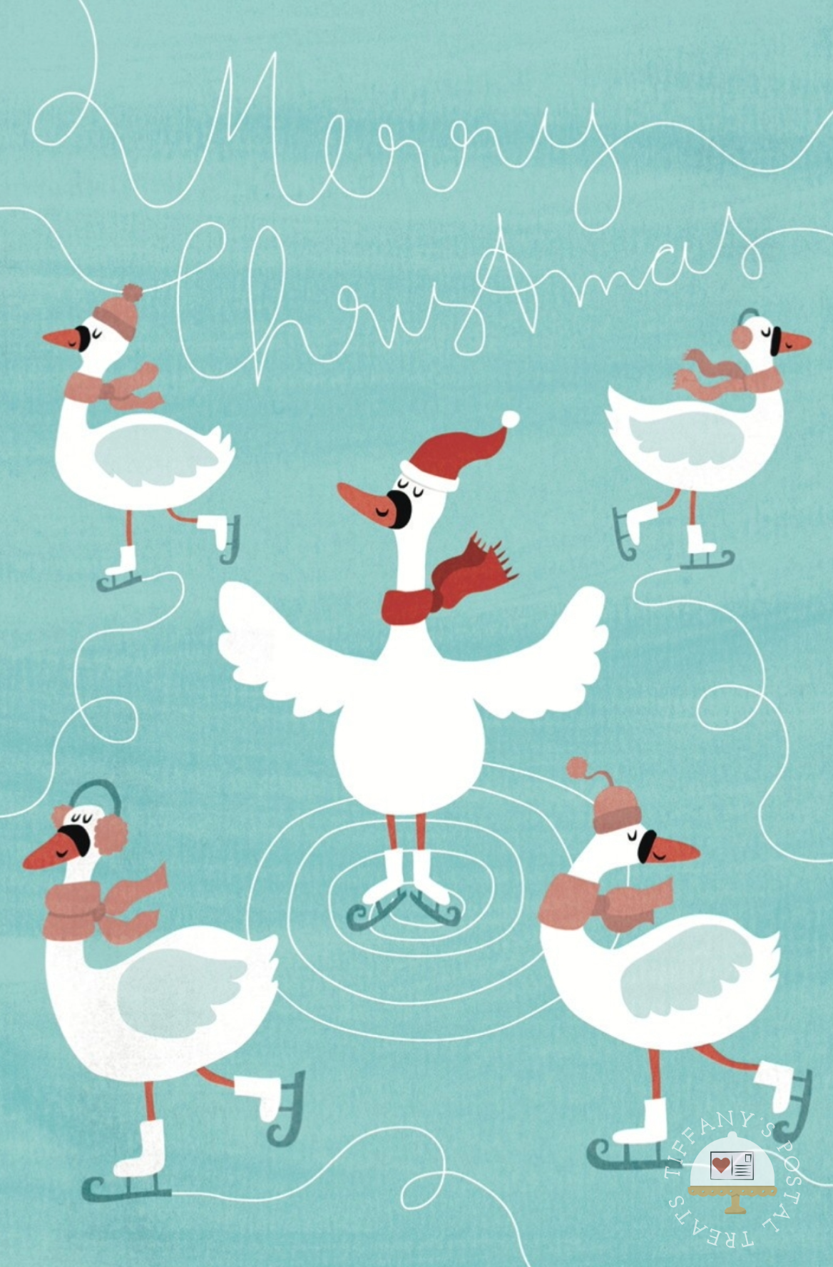 Swan Lake Postcard by Inkognito with five white swans ice skating on a light aqua background. The central swan wears a red Santa hat and red scarf, while the others wear matching winter hats and scarves. It has the text Merry Christmas.