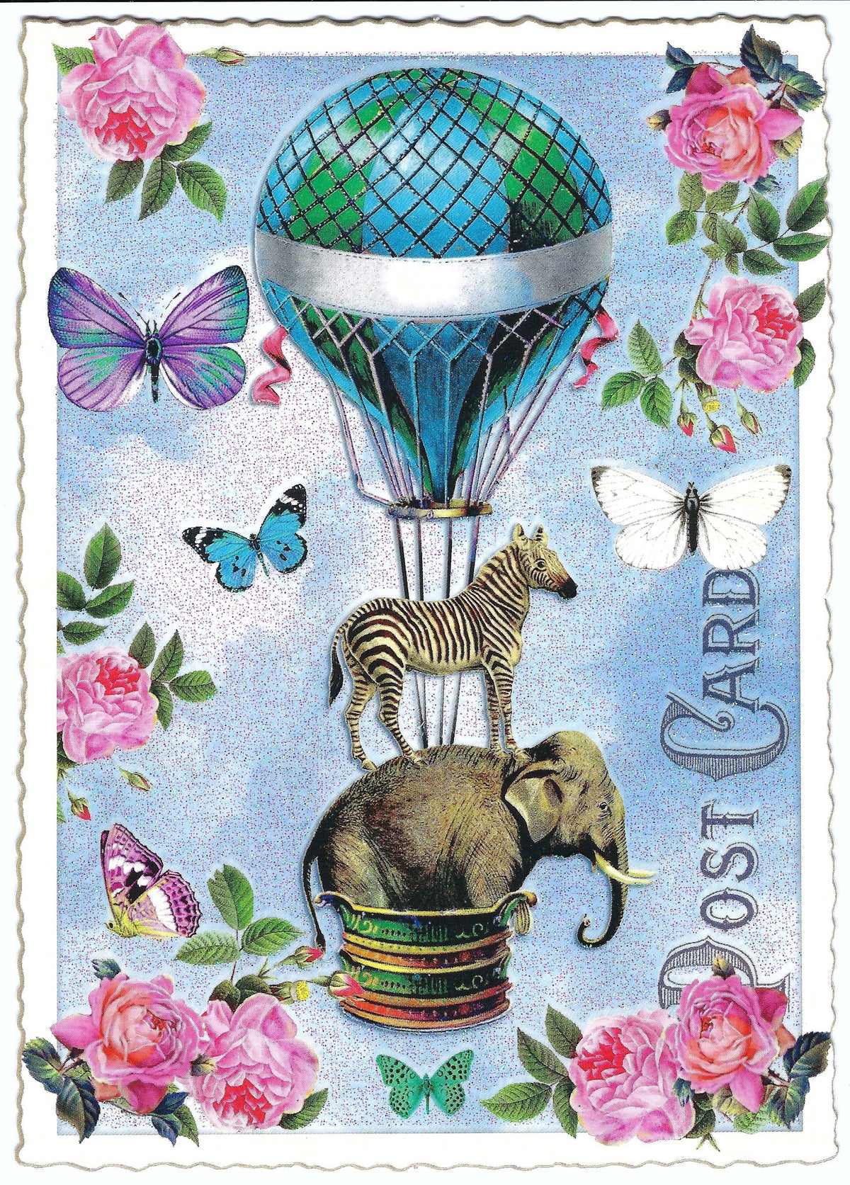 Edition Tausendschön postcard featuring an elephant and Zebra in a hot air balloon with flowers and butterflies