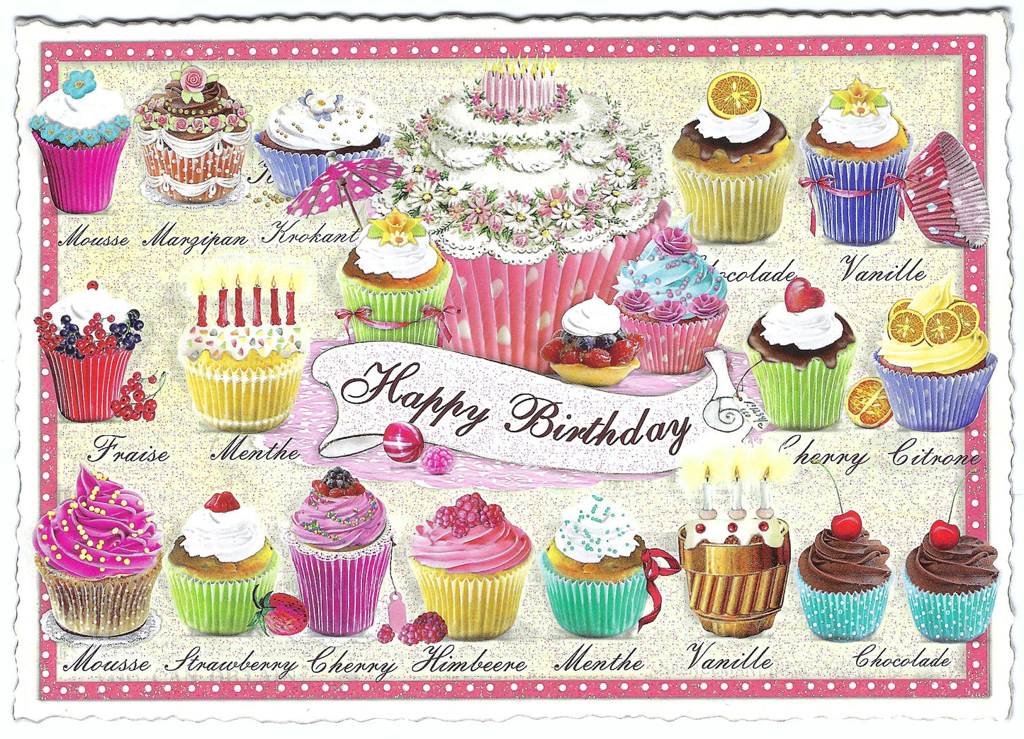 Edition Tausendschön Happy Birthday postcard featuring an array of cupcakes and birthday-themed decorations with 'Happy Birthday' text and glitter details.