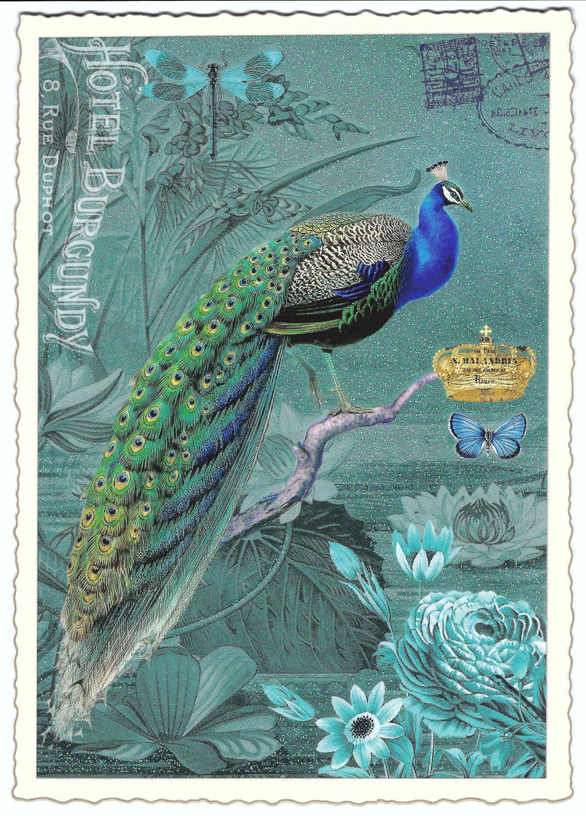 Peacock Postcard Pfau Hotel Burgundy by Edition Tausendschön featuring an illustrated peacock with glitter details on a branch, surrounded by flowers and a crown motif.