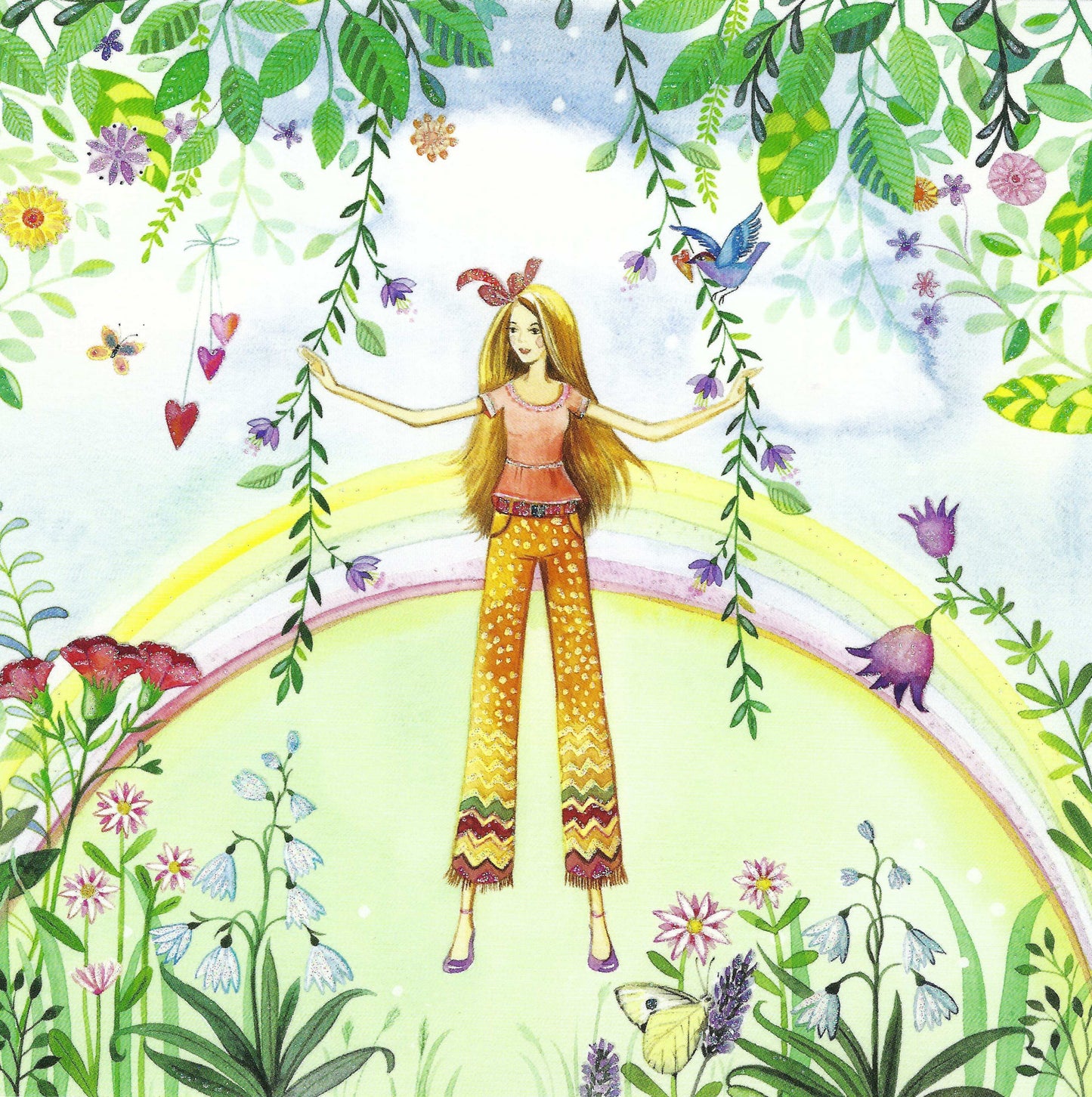 Taurus Cards - Girl with Rainbow - Flowers - Vines - Postcard