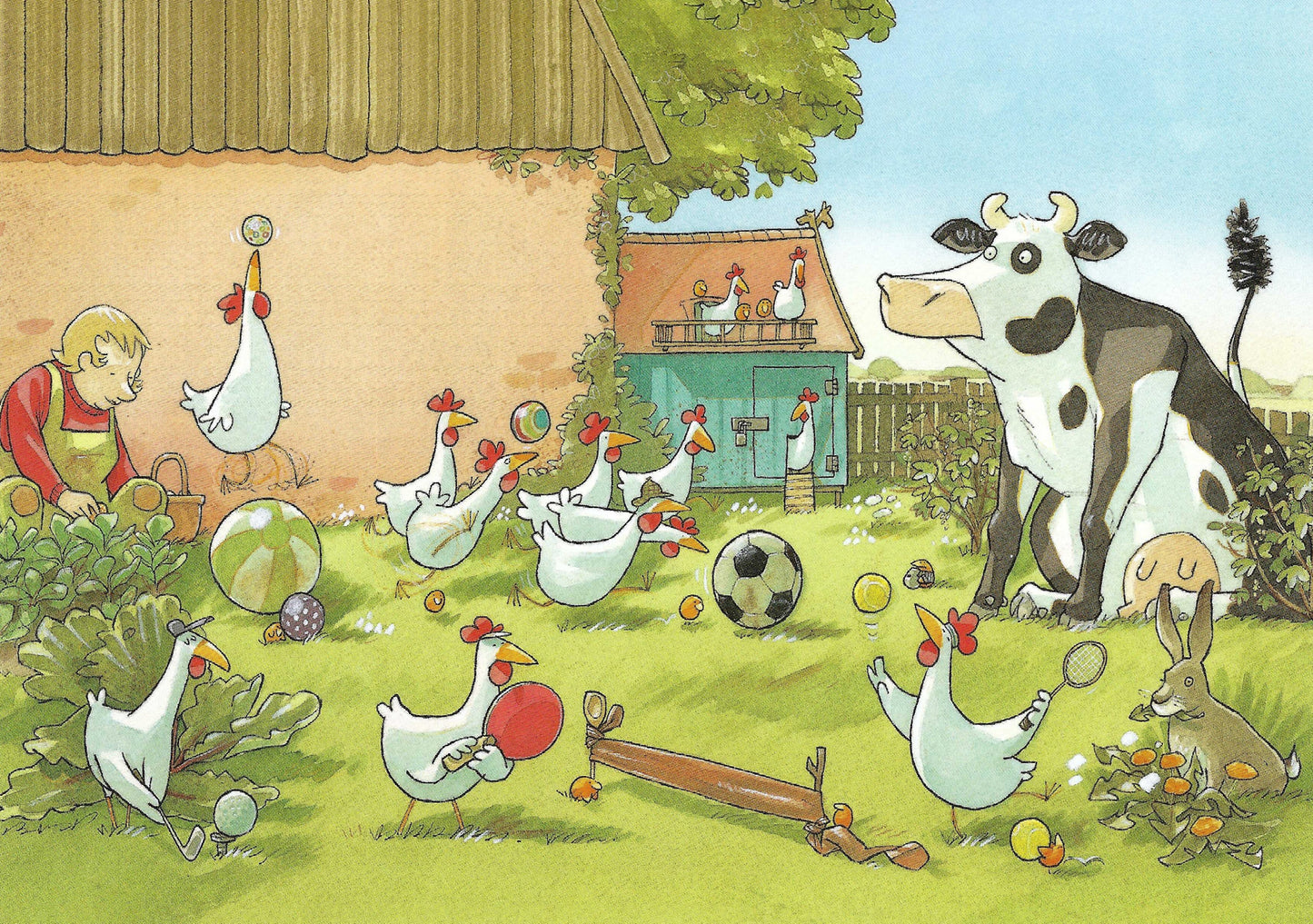 Taurus Kunstkarten Postcard -Chickens - Pickleball - Cow - Lieselotte - Animals - Sports - Postcard
