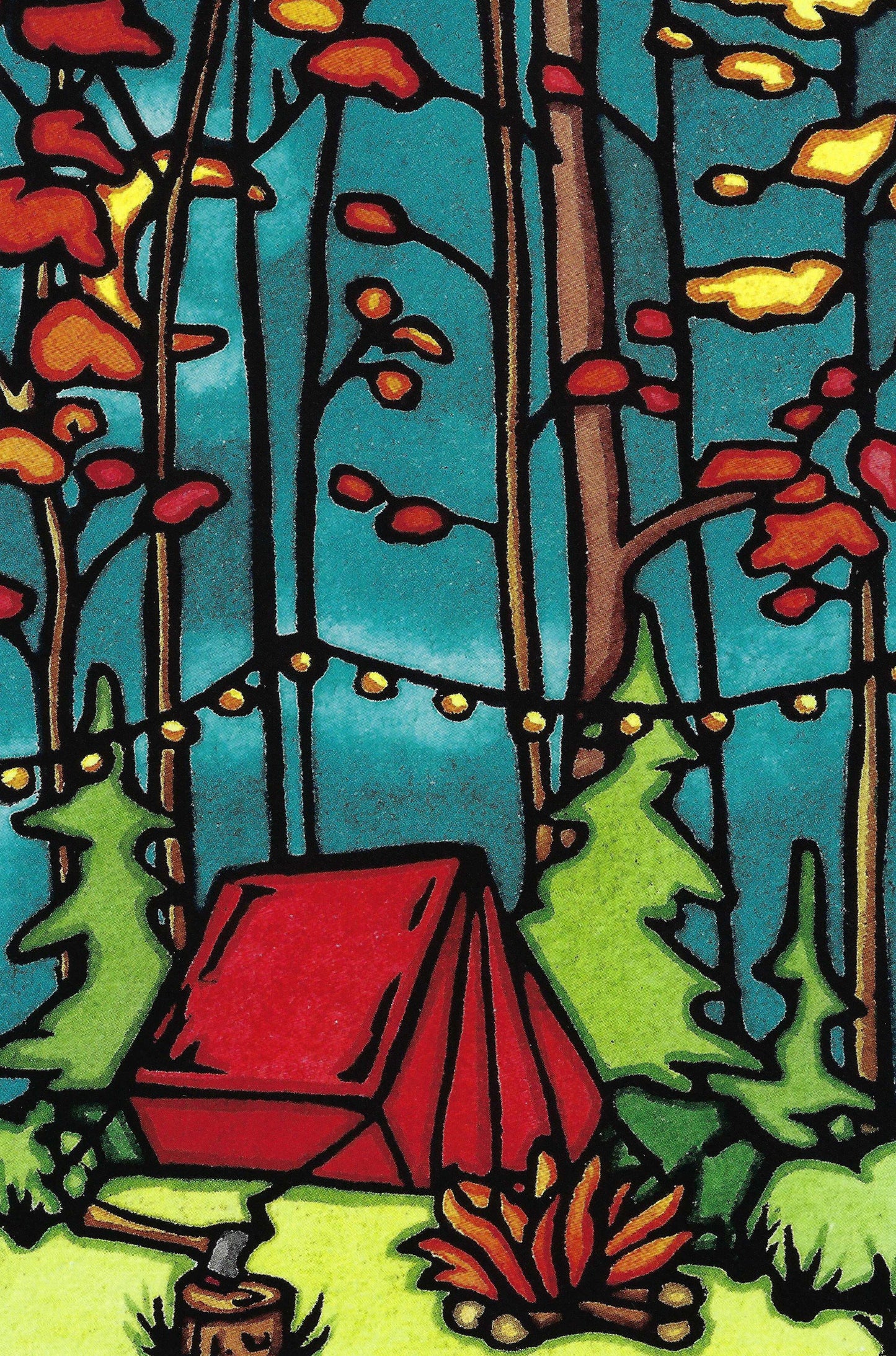 Tent Camping postcard by Sarah Angst Art featuring a camping scene with a red tent, trees, and a campfire.