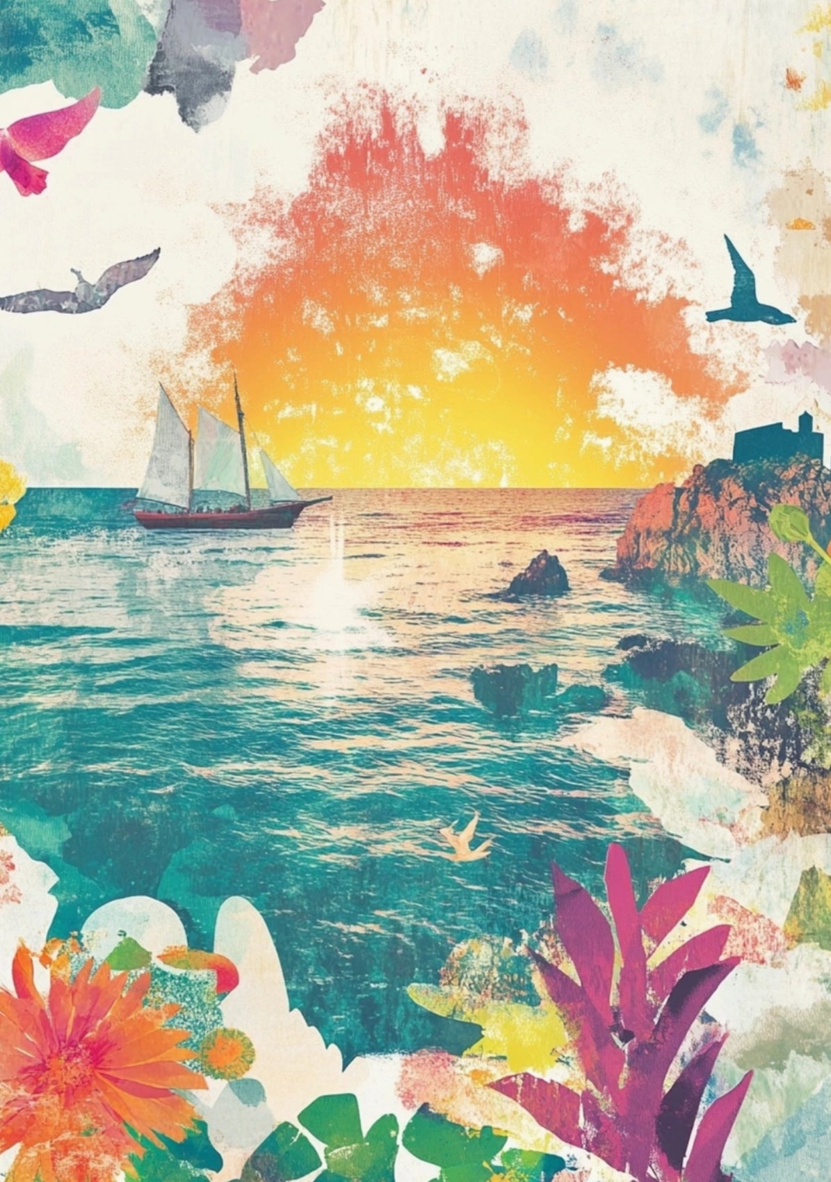 Where the Sea Meets the Sun Postcard by Fripperies featuring a collage of a sailboat on water with colorful flowers and abstract elements.